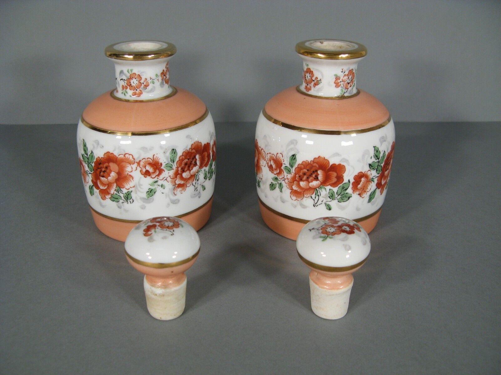 Pareja de frascos de perfume antiguos de porcelana con decoración floral - 1Y115 Porcelana
