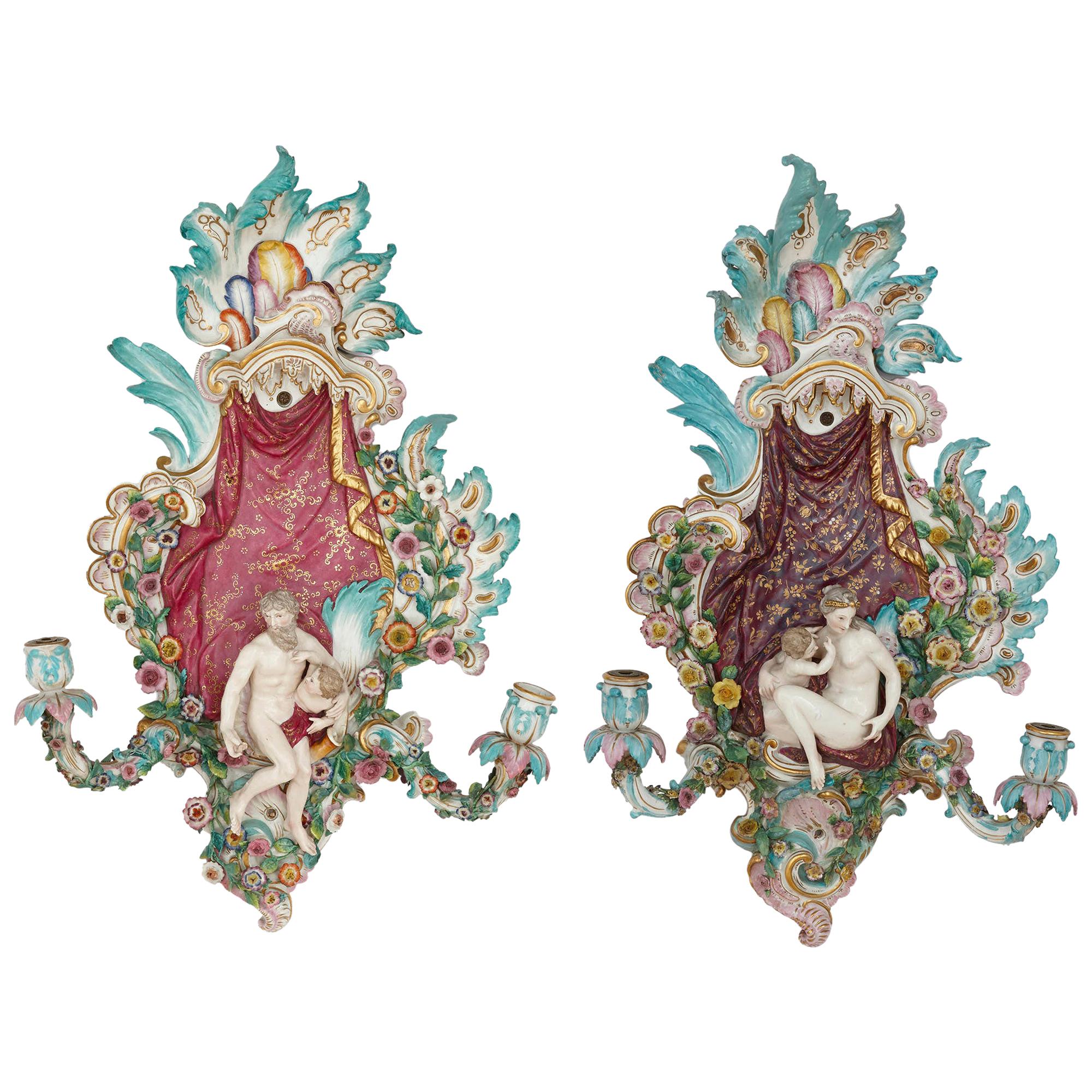 Pair of Antique Porcelain Sconces by Meissen