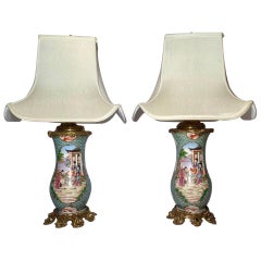 Pair of Antique Porcelain Urns Converted to Lamps with Bronze Mounts