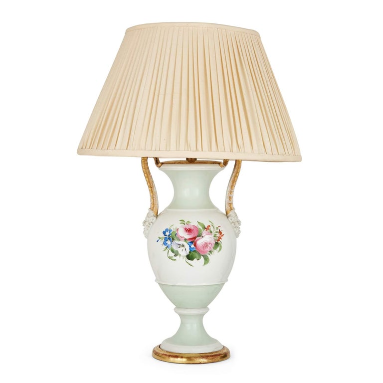 Pair of Antique Porcelain VaseForm Lamps with Floral Decoration For