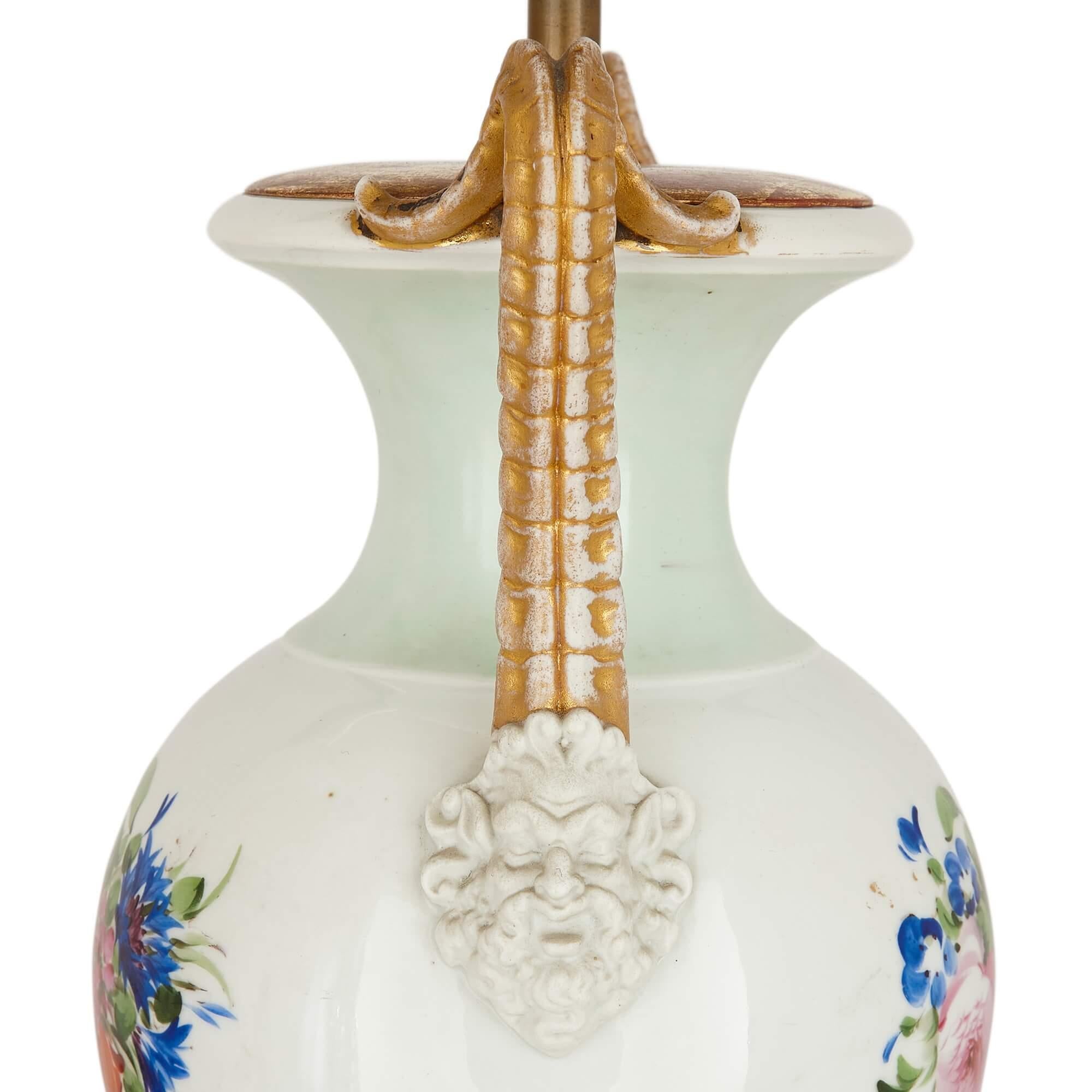 Rococo Pair of Antique Porcelain Vase-Form Lamps with Floral Decoration For Sale