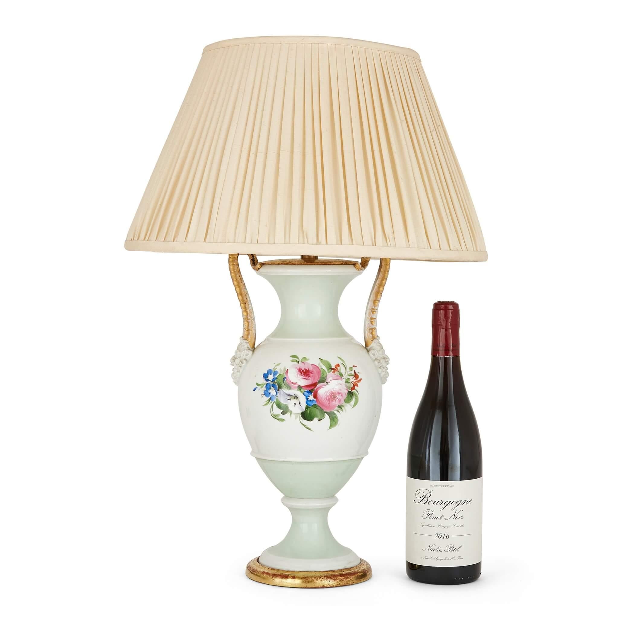 European Pair of Antique Porcelain Vase-Form Lamps with Floral Decoration For Sale