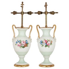 Pair of Antique Porcelain Vase-Form Lamps with Floral Decoration