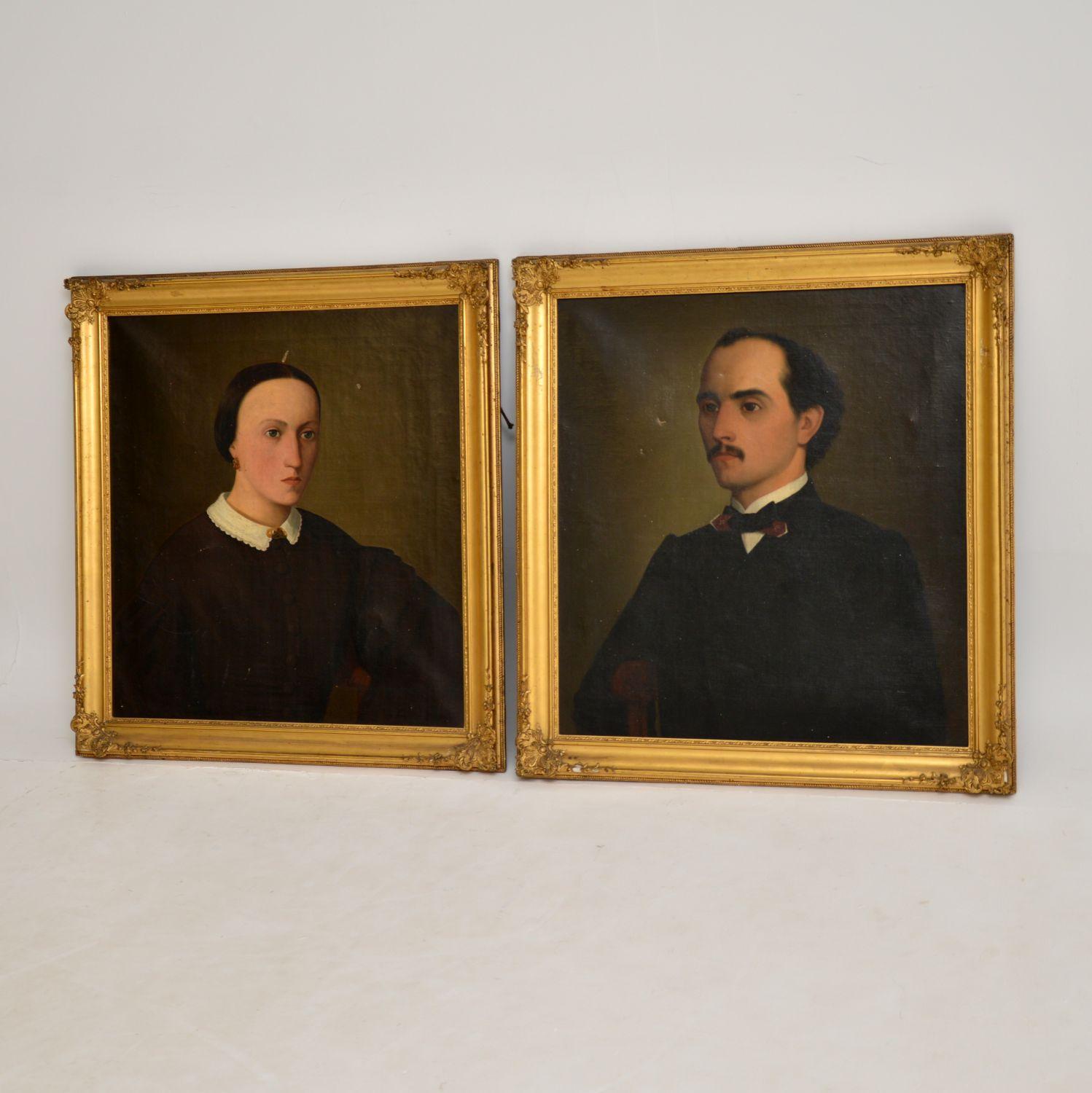 A wonderful pair of antique oil paintings in original gilt frames. These are most likely English and date from the mid-19th century.

They depict a man and a woman, as they were evidently made at the same time and framed together, so they are most