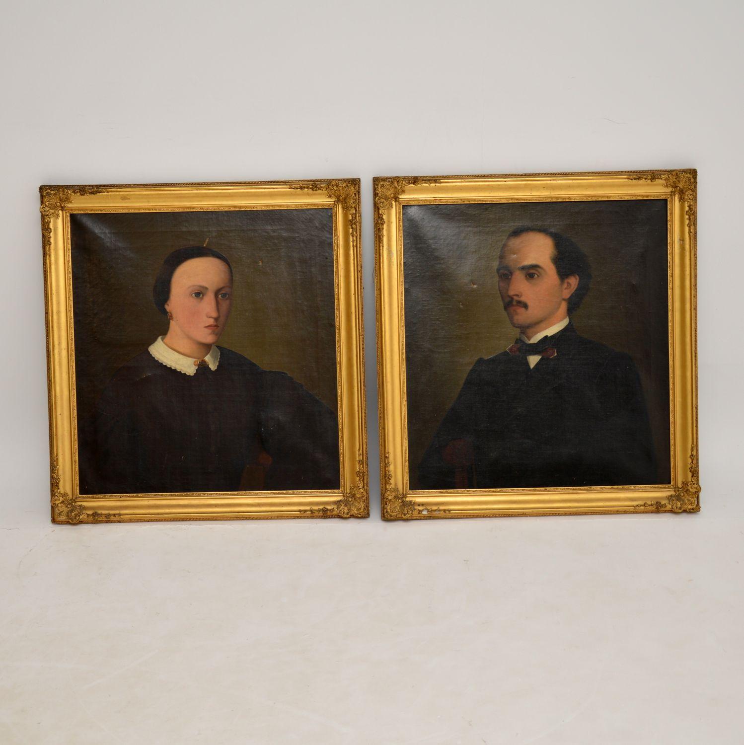 Victorian Pair of Antique Portrait Oil Paintings