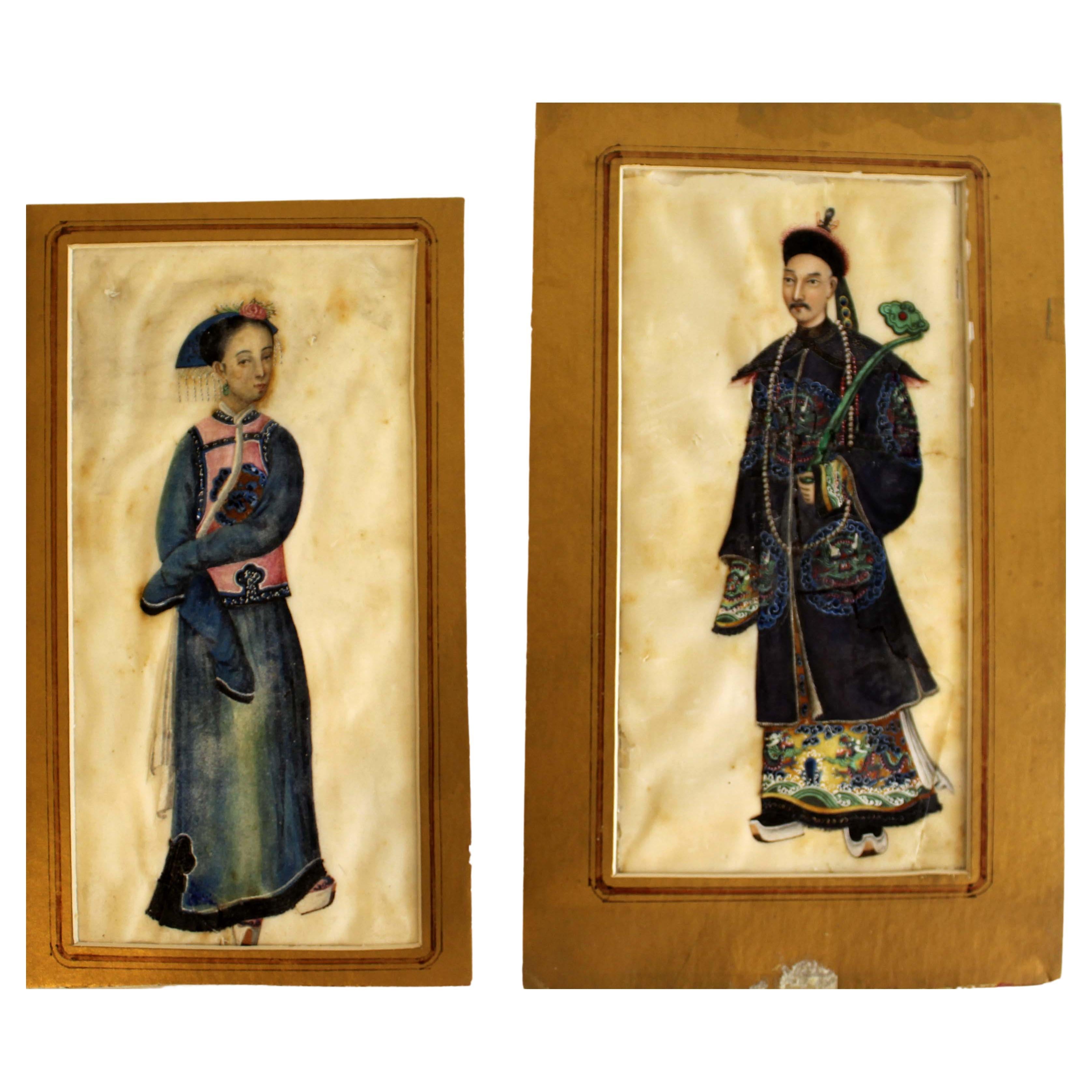Pair of Antique Portraits Ink Drawing on Silk Chinese Mandarin 19th Century