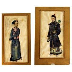 Pair of Antique Portraits Ink Drawing on Silk Chinese Mandarin 19th Century