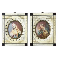 Pareja de Retratos Antiguos de Amantes Noble Hombre y Mujer en Marcos de Hueso J. Smot