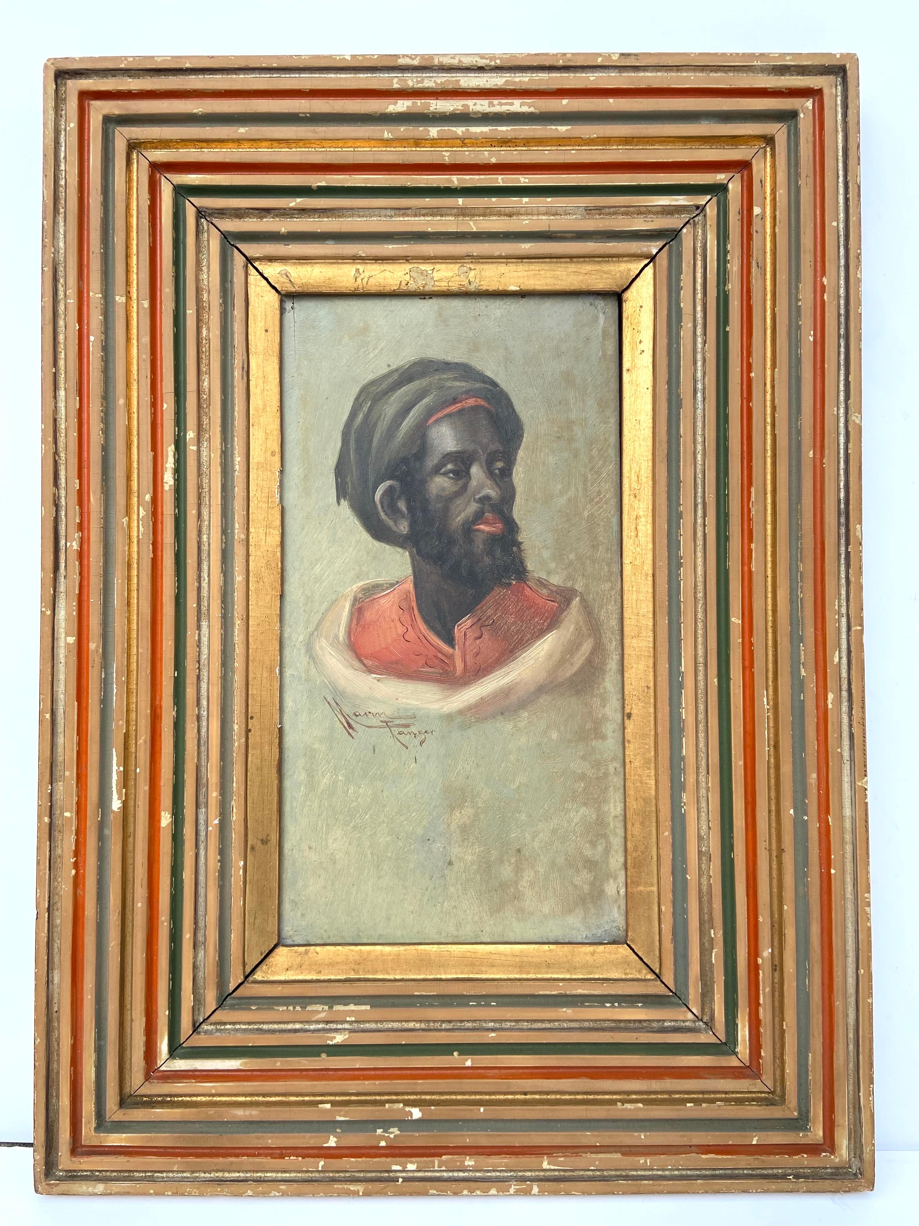 A pair of antique, early 1900’s oil paintings on wood panel by French artist Emile Marin (1876 - 1940). Each of the portraits depict a Moor or Bedouin and were painted in the Moroccan city of Tangier. From the website of Daniel Hunt Fine Art, 