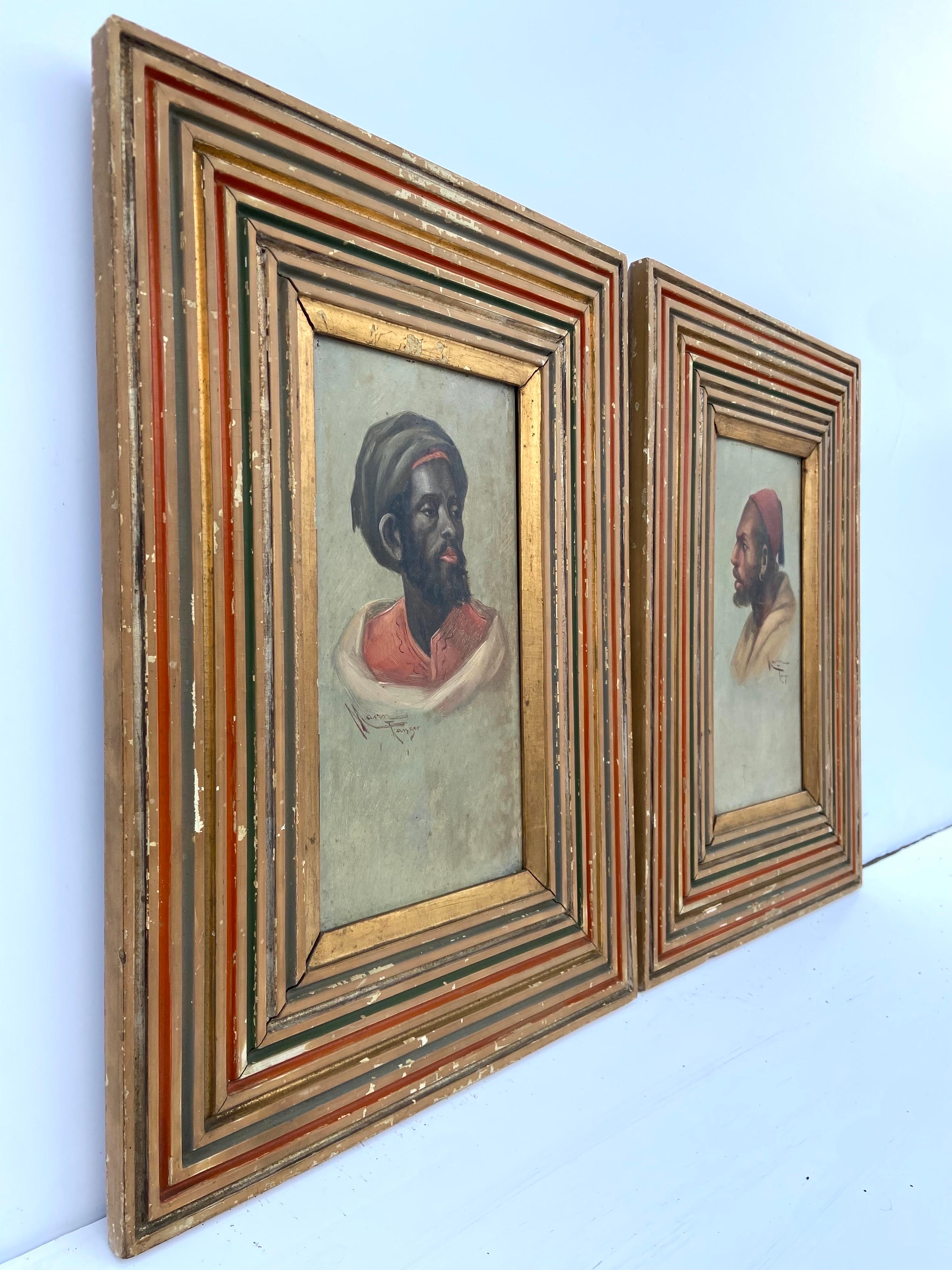 Pair of Antique Portraits of Men in Tangiers by French Artist Emile Marin Framed 1
