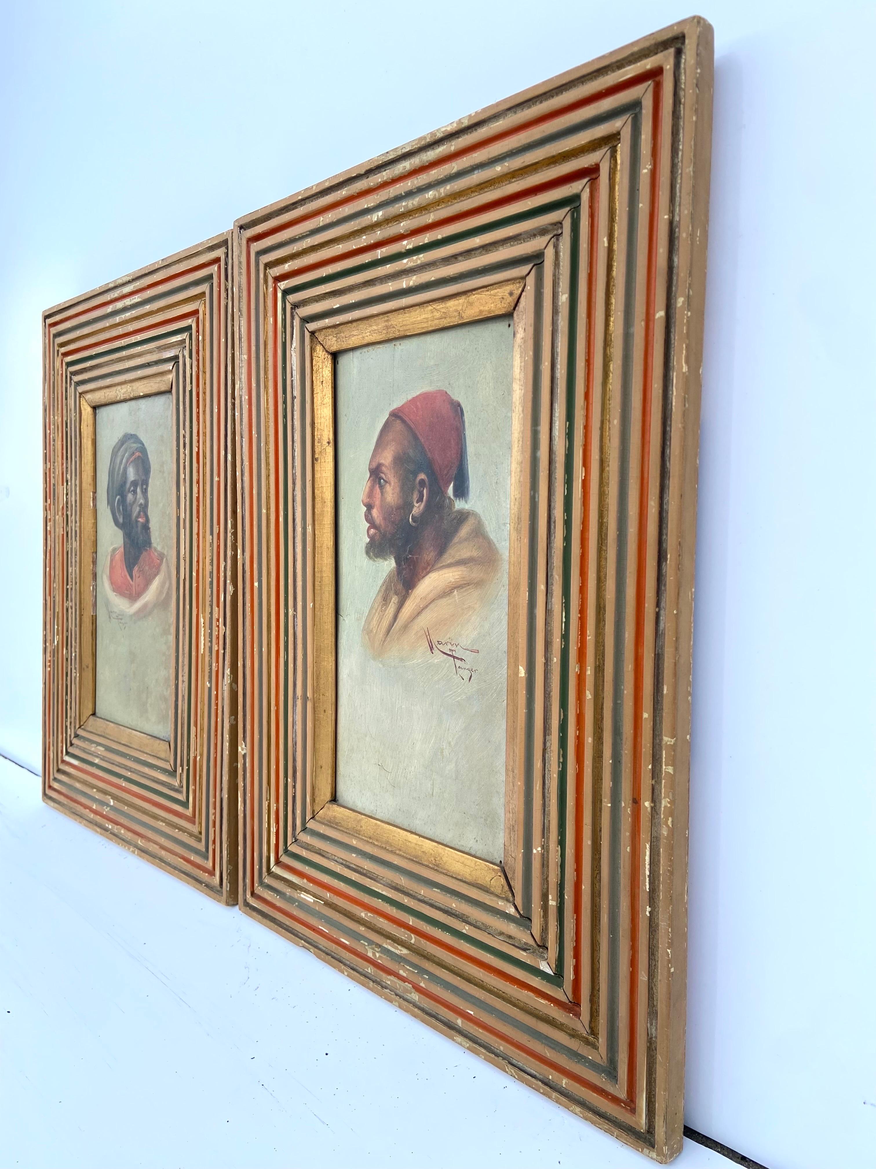 Pair of Antique Portraits of Men in Tangiers by French Artist Emile Marin Framed 2