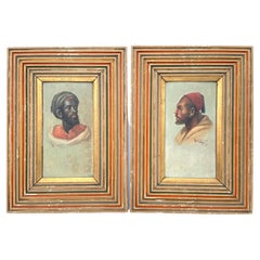 Paire de portraits anciens d'hommes de Tangiers encadrés par l'artiste français Emile Marin