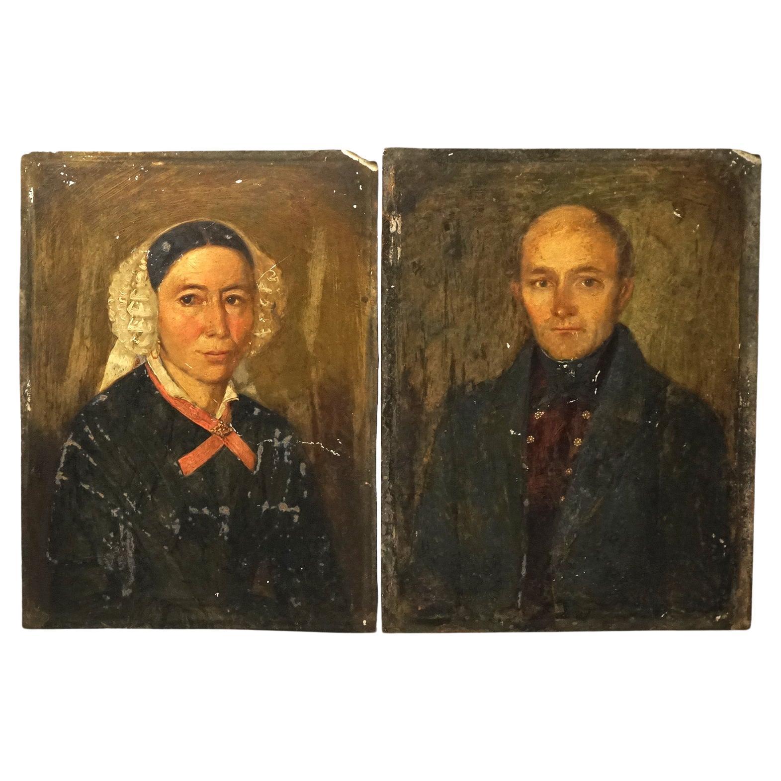 Pareja de Retratos Antiguos sobre Lata, Hombre y Mujer, C1860 en venta