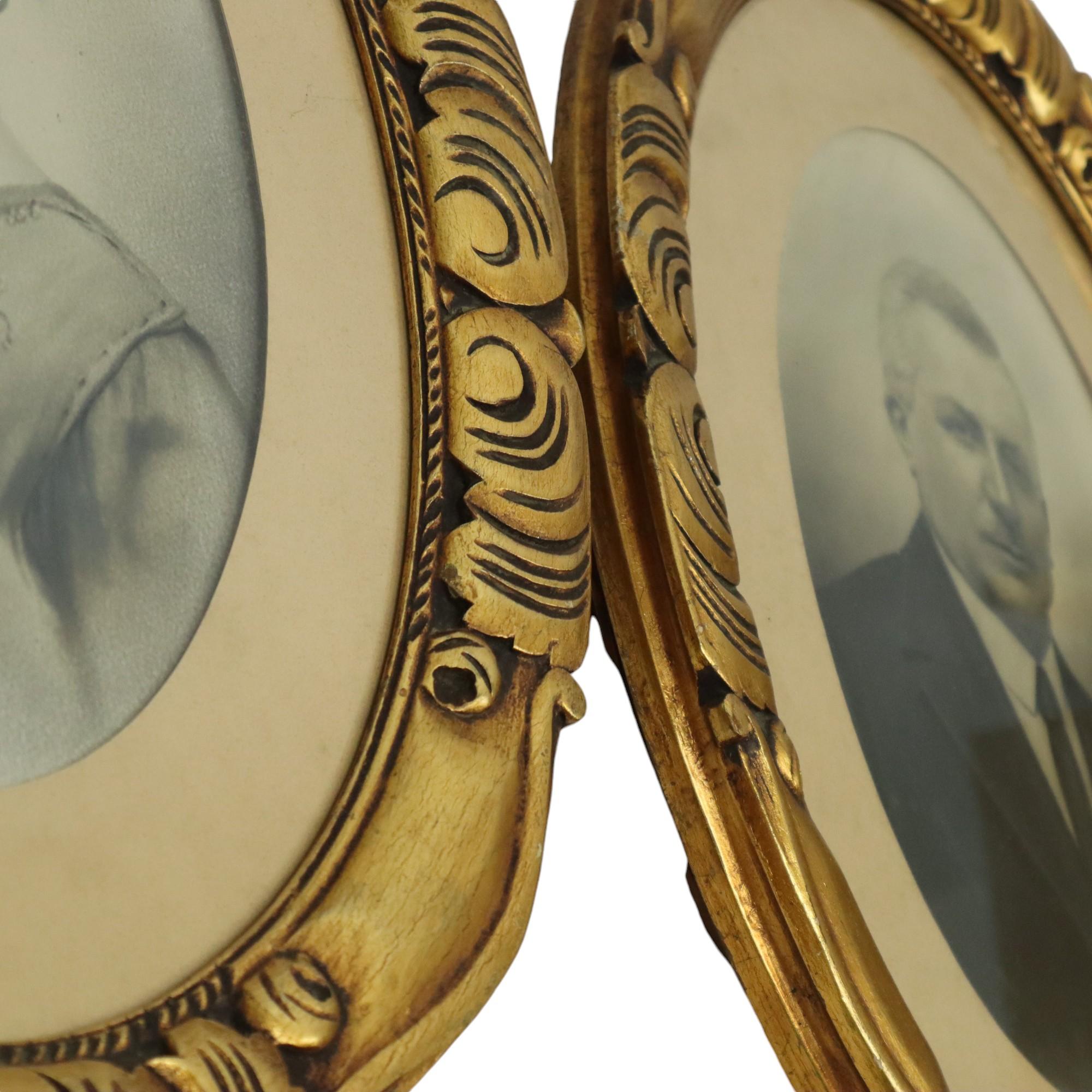 Pareja de Retratos Antiguos Marcos Ovalados Pan de Oro ca 1900 siglo XX en venta