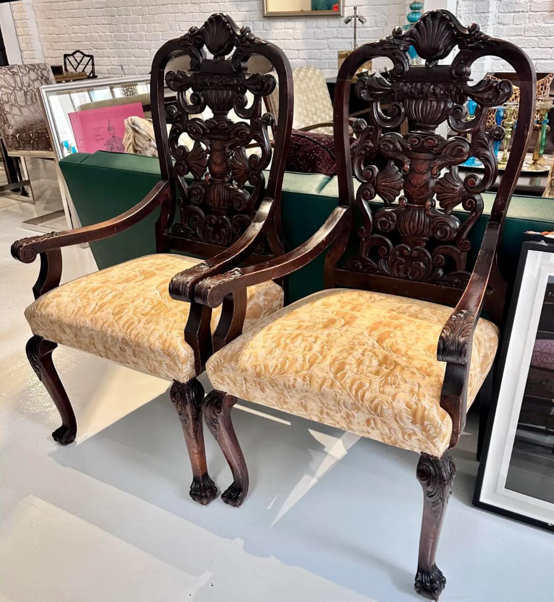 Pair of Antique Portuguese Arm Chairs W Fortuny Seats
