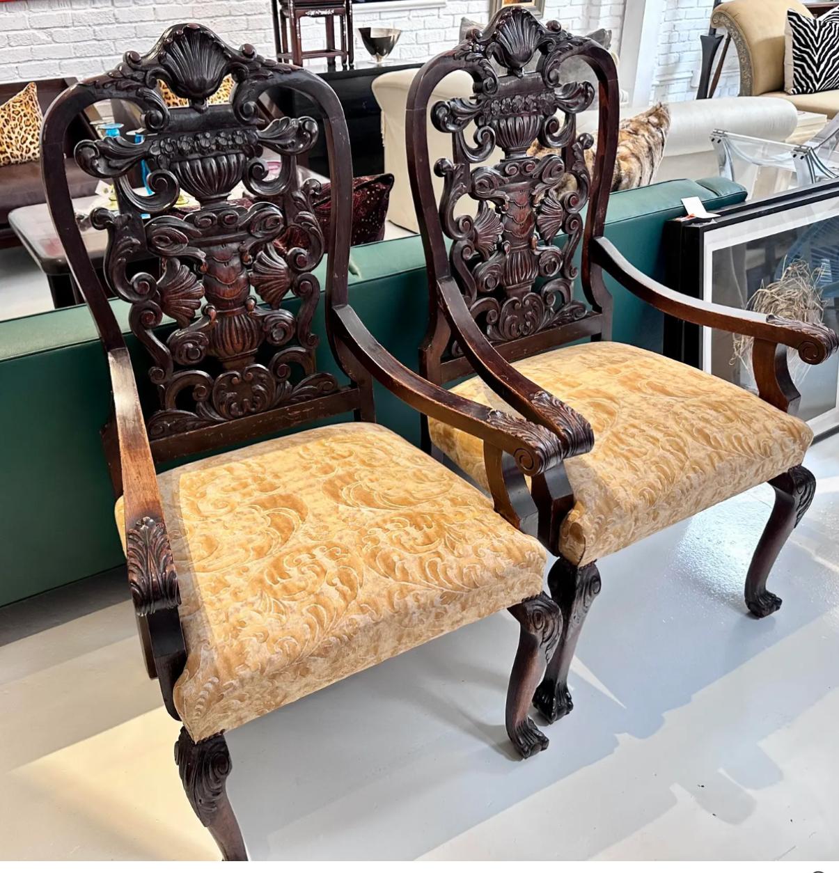 Pair of Antique Portuguese Arm Chairs W Fortuny Seats In Good Condition For Sale In LOS ANGELES, CA