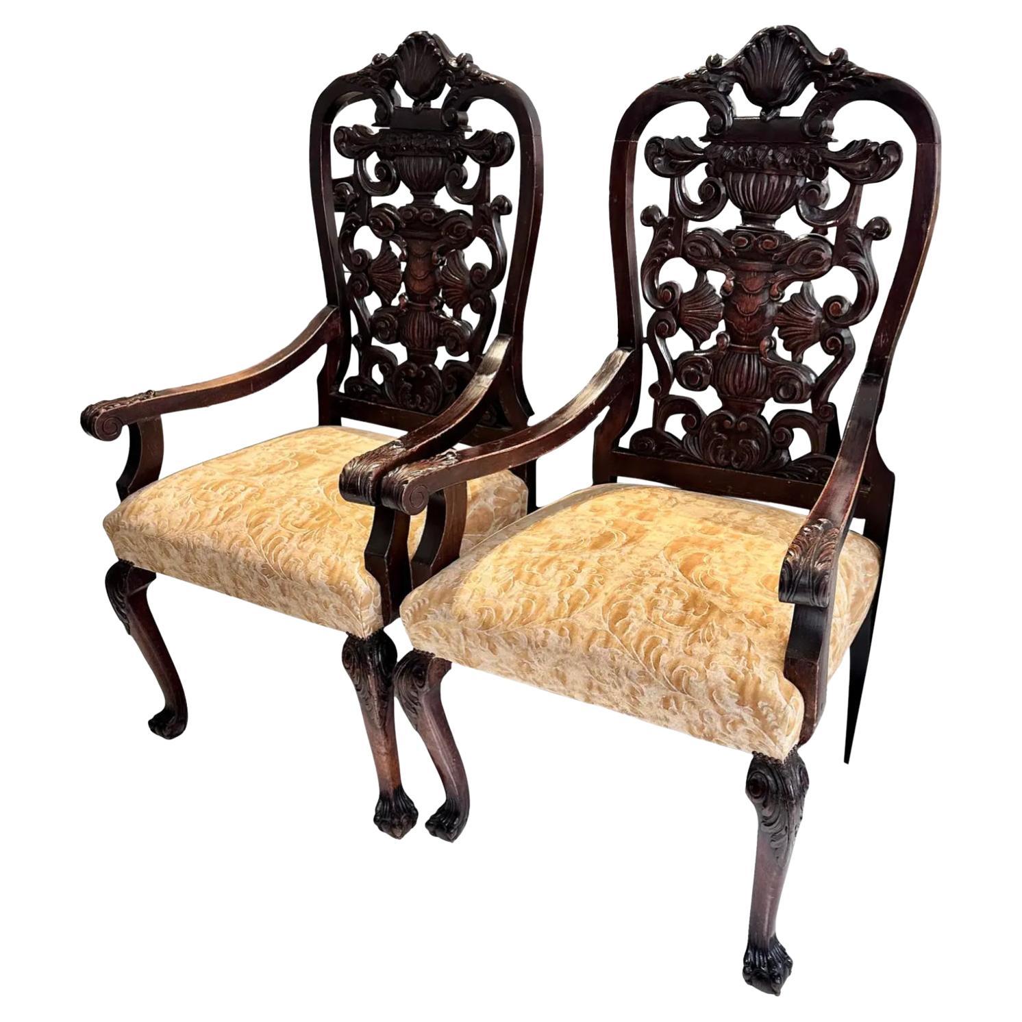 Pair of Antique Portuguese Arm Chairs W Fortuny Seats