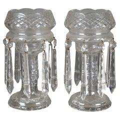 Pair of Antique Pressed Clear Glass & Cut Crystal Mantle Lusters C1890