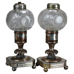 Pair of Antique Pressed & Cut Glass Silver Plated Oil Lamps C1890