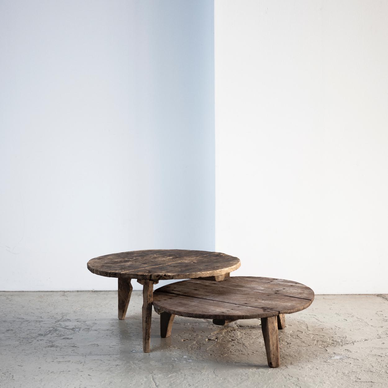 A set of two antique primitive coffee tables.
Can be used together or separately.
Matches perfectly with modern furniture.

Measures: Left: 68 x 68 x 33 cm
Right: 68.5 x 68.5 x 22.5 cm.