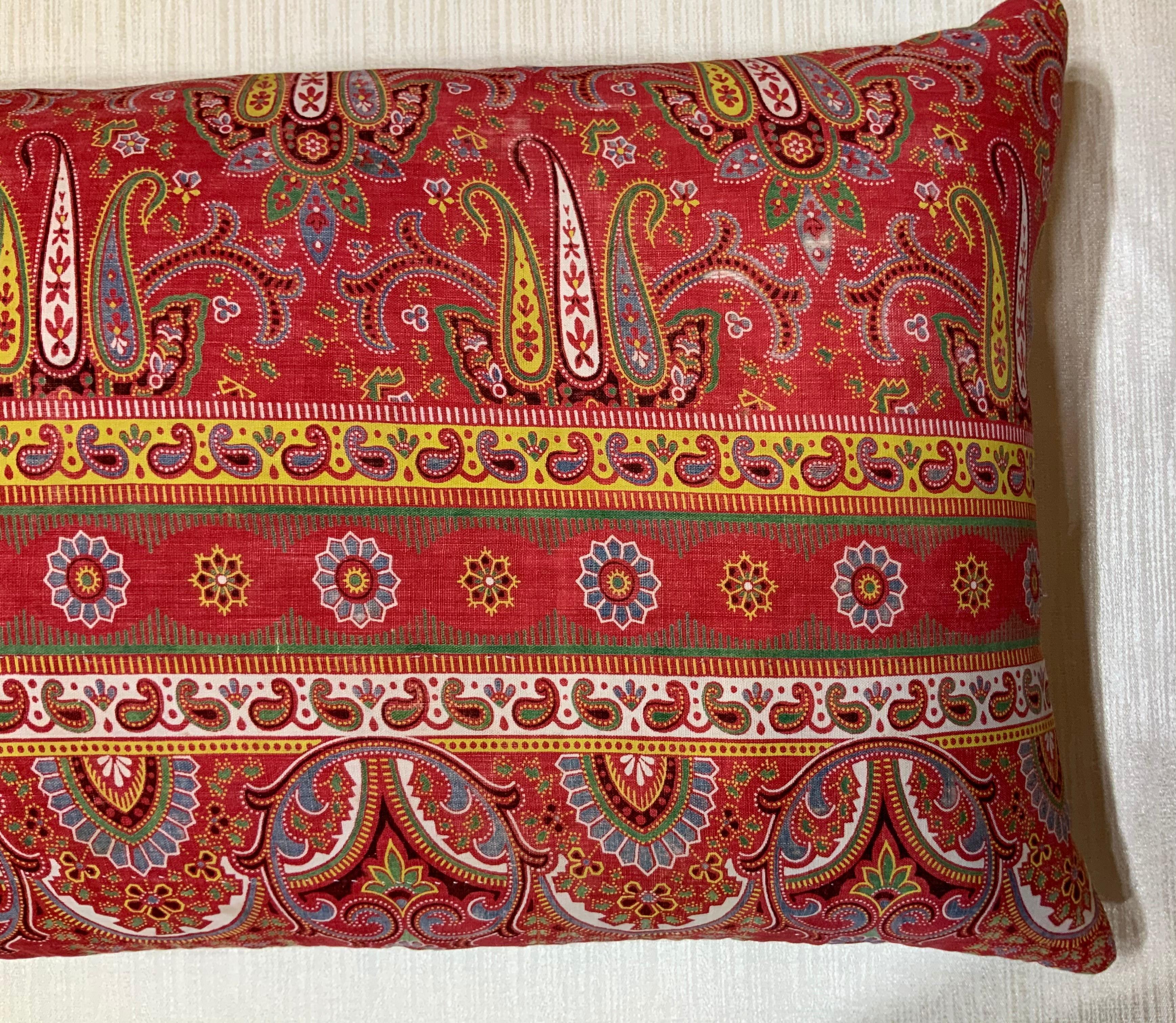 European Pair of Antique Print Textile Pillow