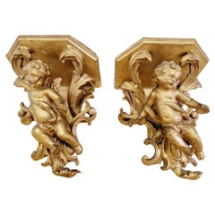 Pair of Antique Putti Musician Console Shelves