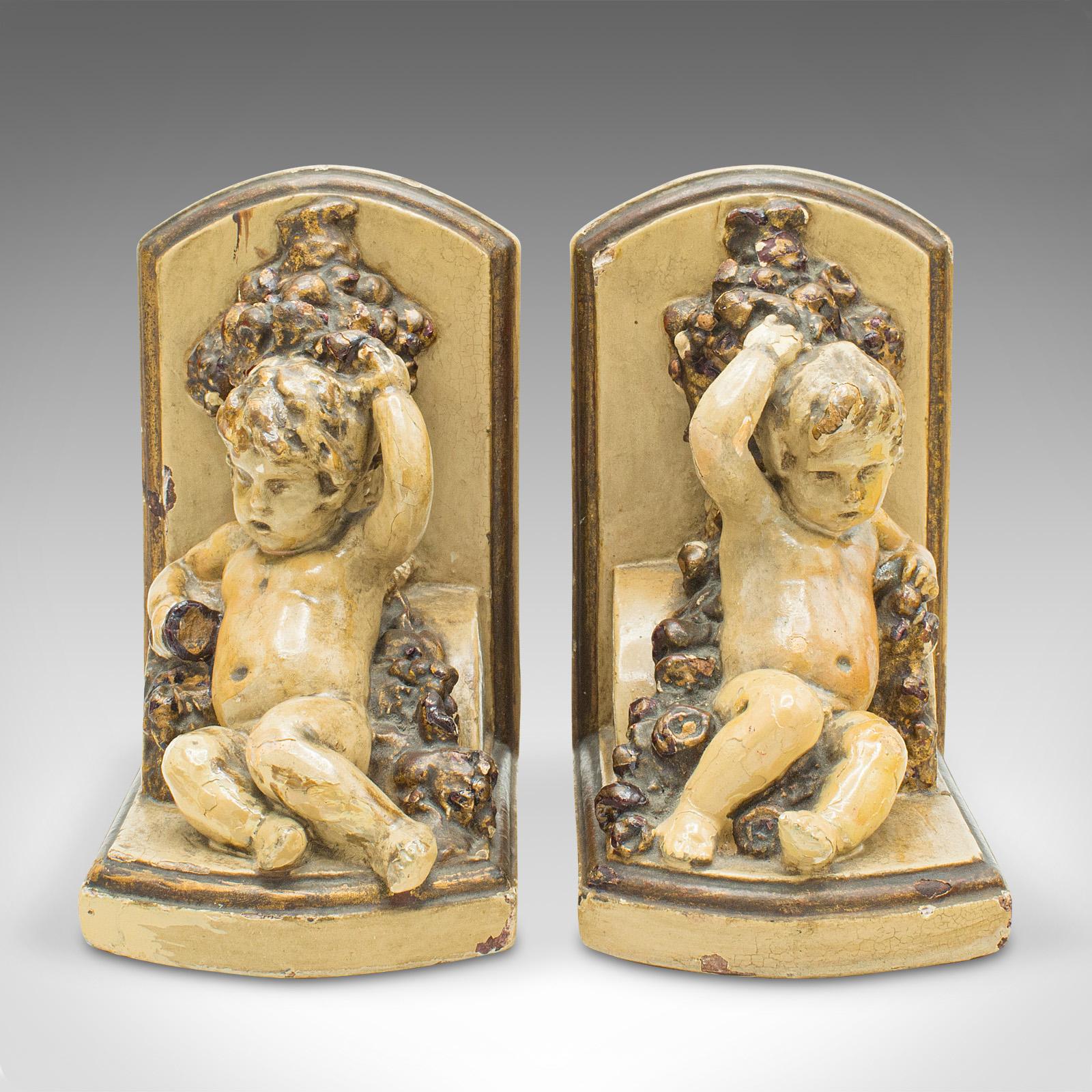 Mid-19th Century Pair Of Antique Putto Bookends, Italian, Decor, Cherub, Grand Tour, Victorian For Sale