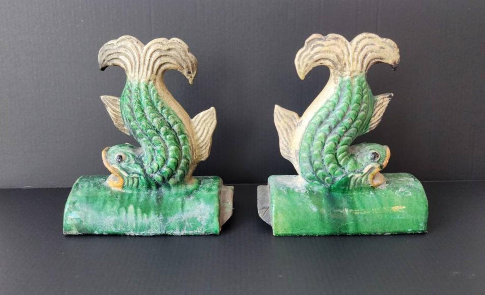 Asiatique Paire de tuiles Sancai chinoises antiques de la Dynastie Qing en vente