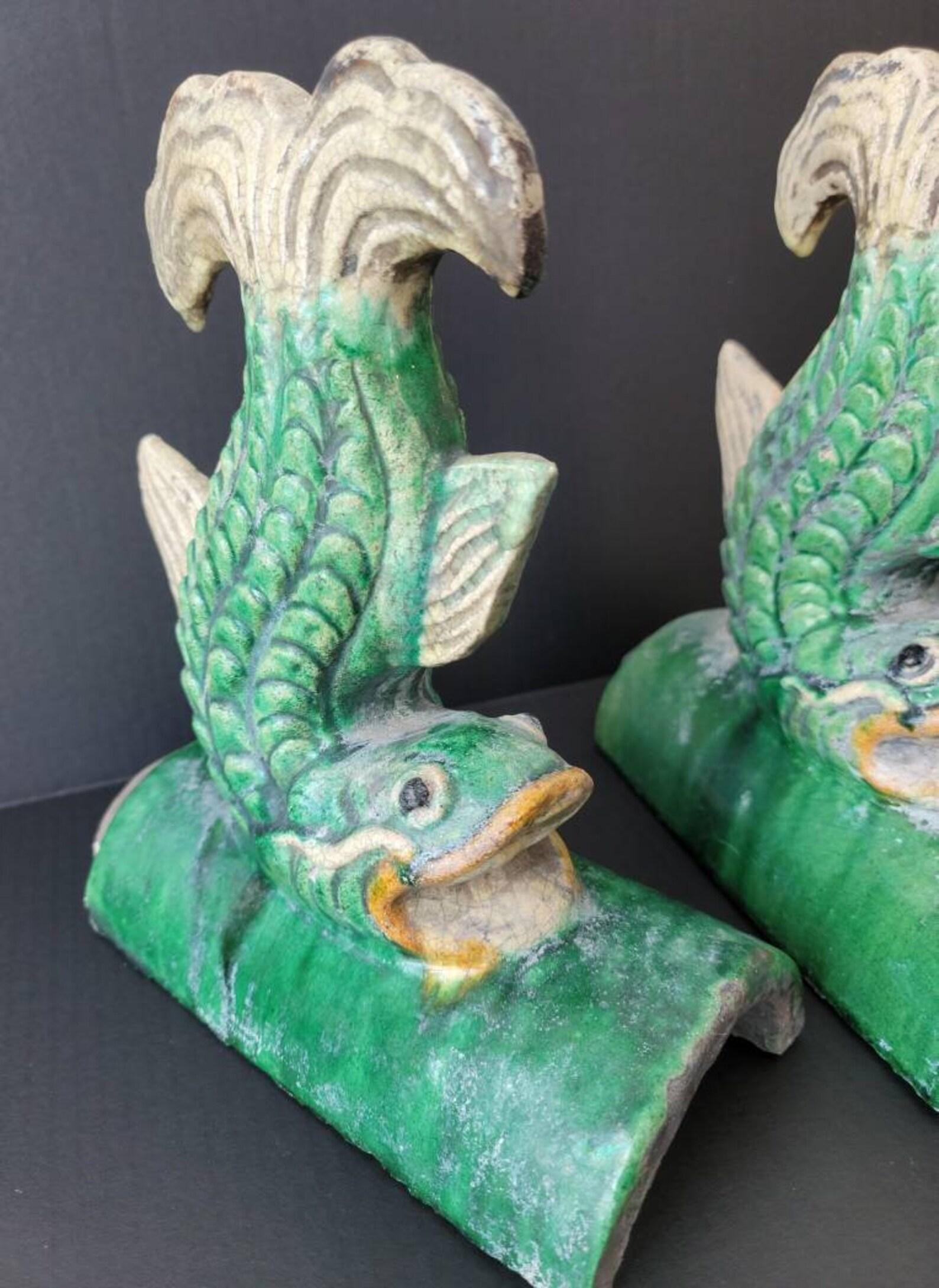 Asian Pair of Antique Qing Dynasty Chinese Sancai Roof Tiles For Sale