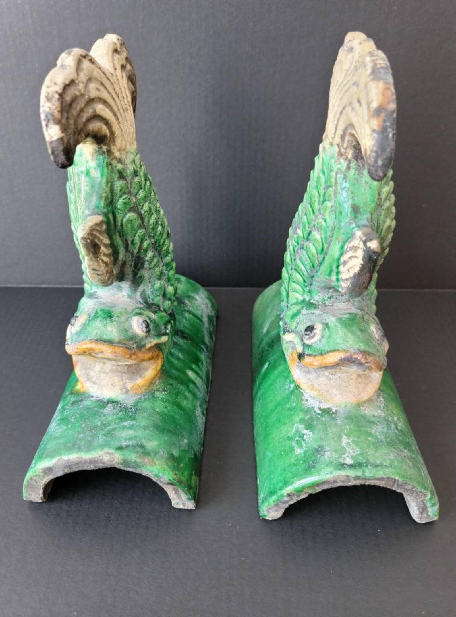 19th Century Pair of Antique Qing Dynasty Chinese Sancai Roof Tiles For Sale