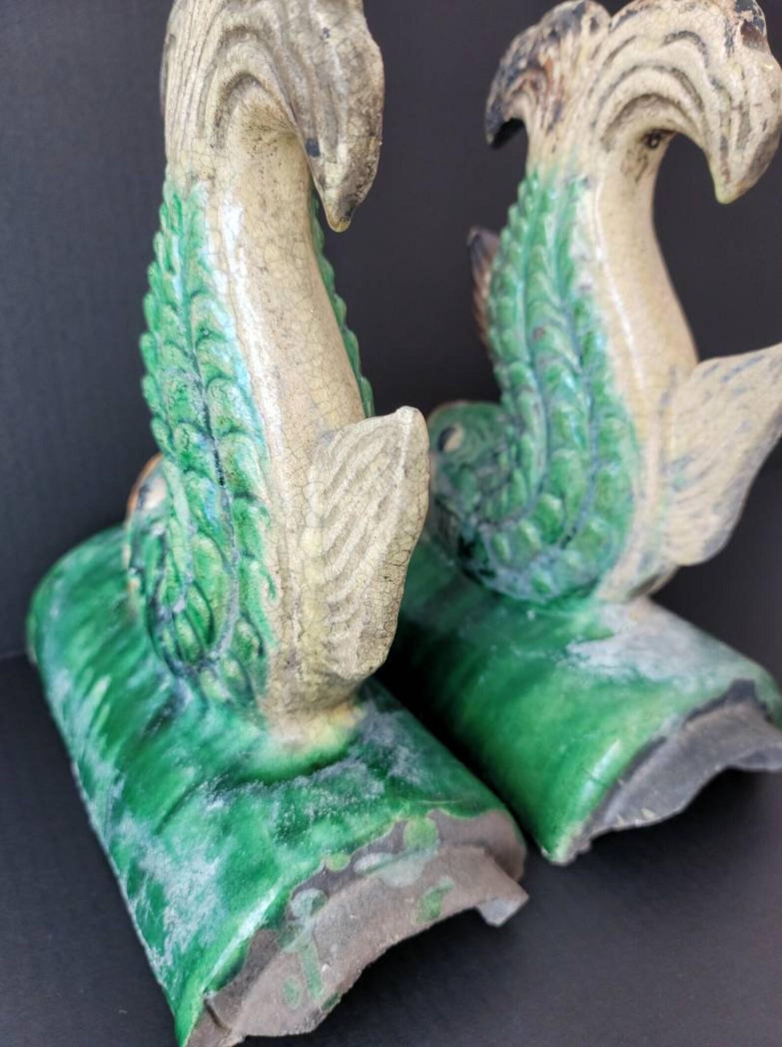 Ceramic Pair of Antique Qing Dynasty Chinese Sancai Roof Tiles For Sale