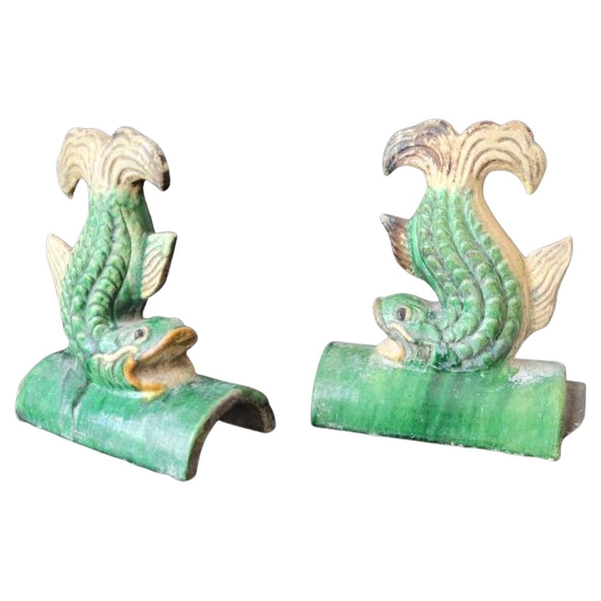 Pair of Antique Qing Dynasty Chinese Sancai Roof Tiles For Sale