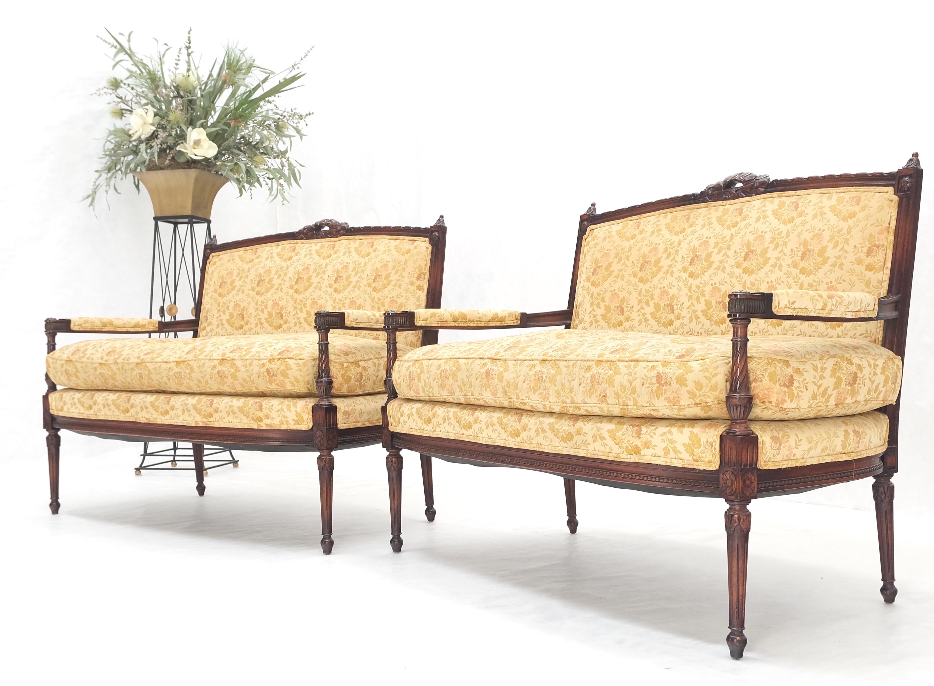 Pair of Antique Quality Carved Walnut & Gold Upholstery Sofas Love Seats MINT! For Sale 3