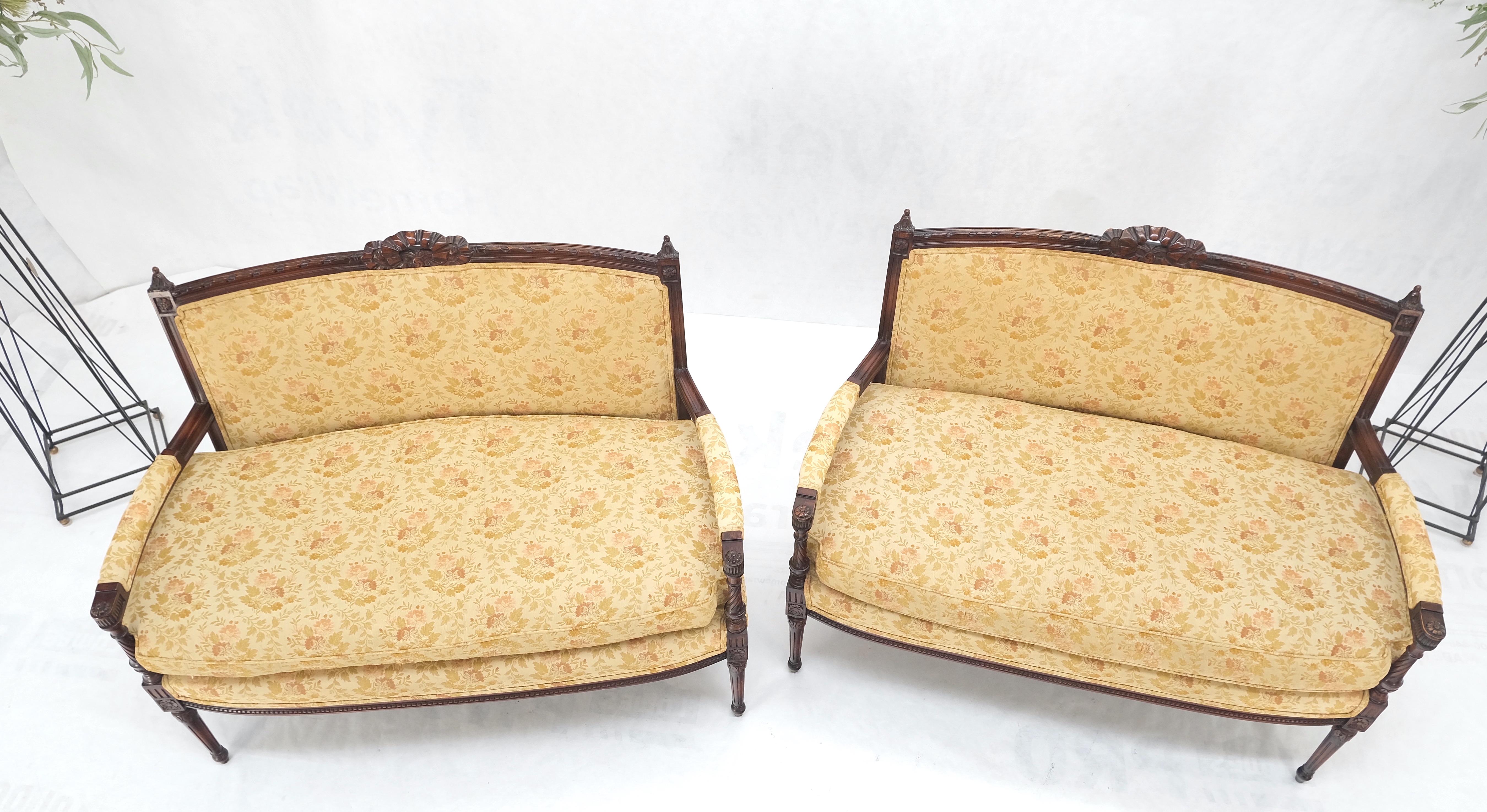 Pair of Antique Quality Carved Walnut & Gold Upholstery Sofas Love Seats MINT! For Sale 7