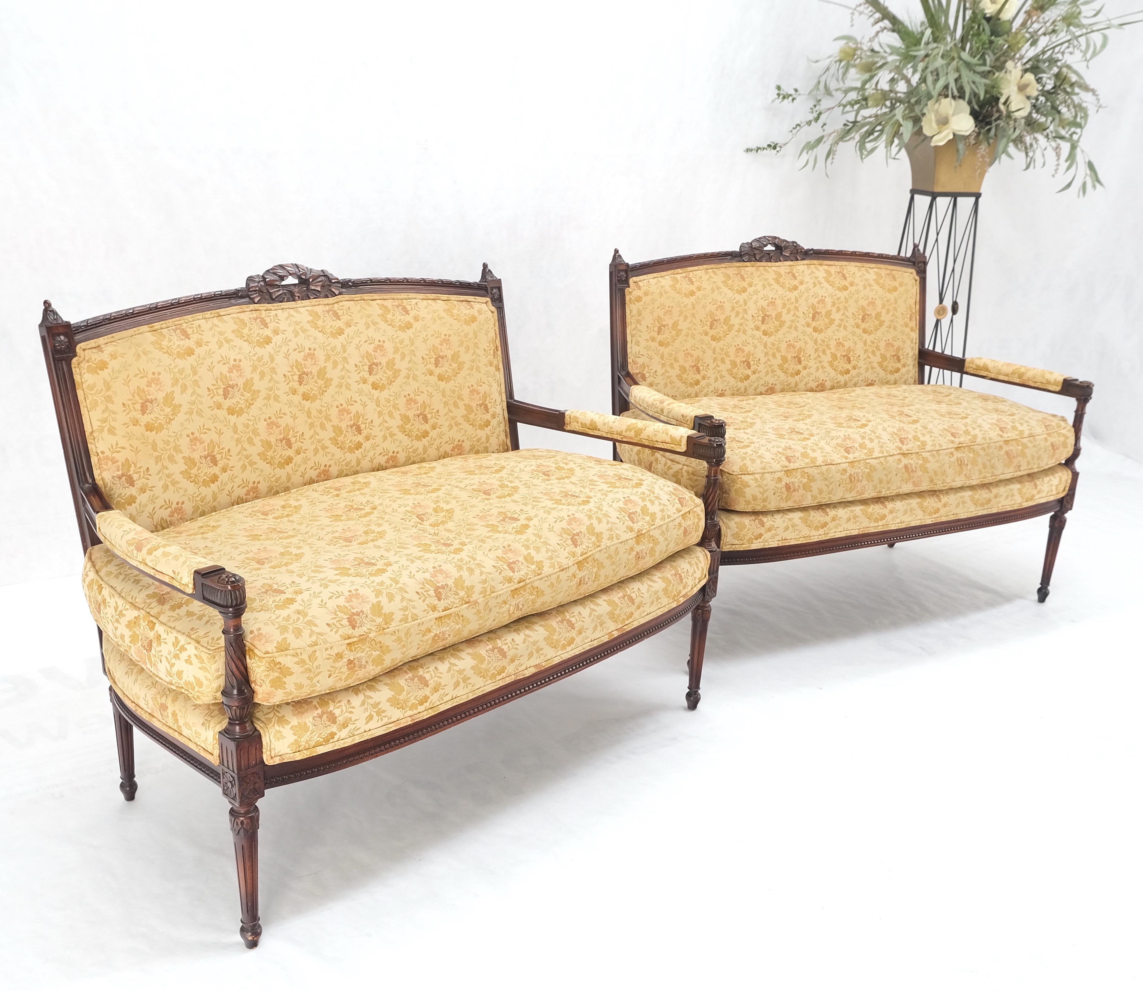 Pair of Antique Quality Carved Walnut & Gold Upholstery Sofas Love Seats MINT! For Sale 8