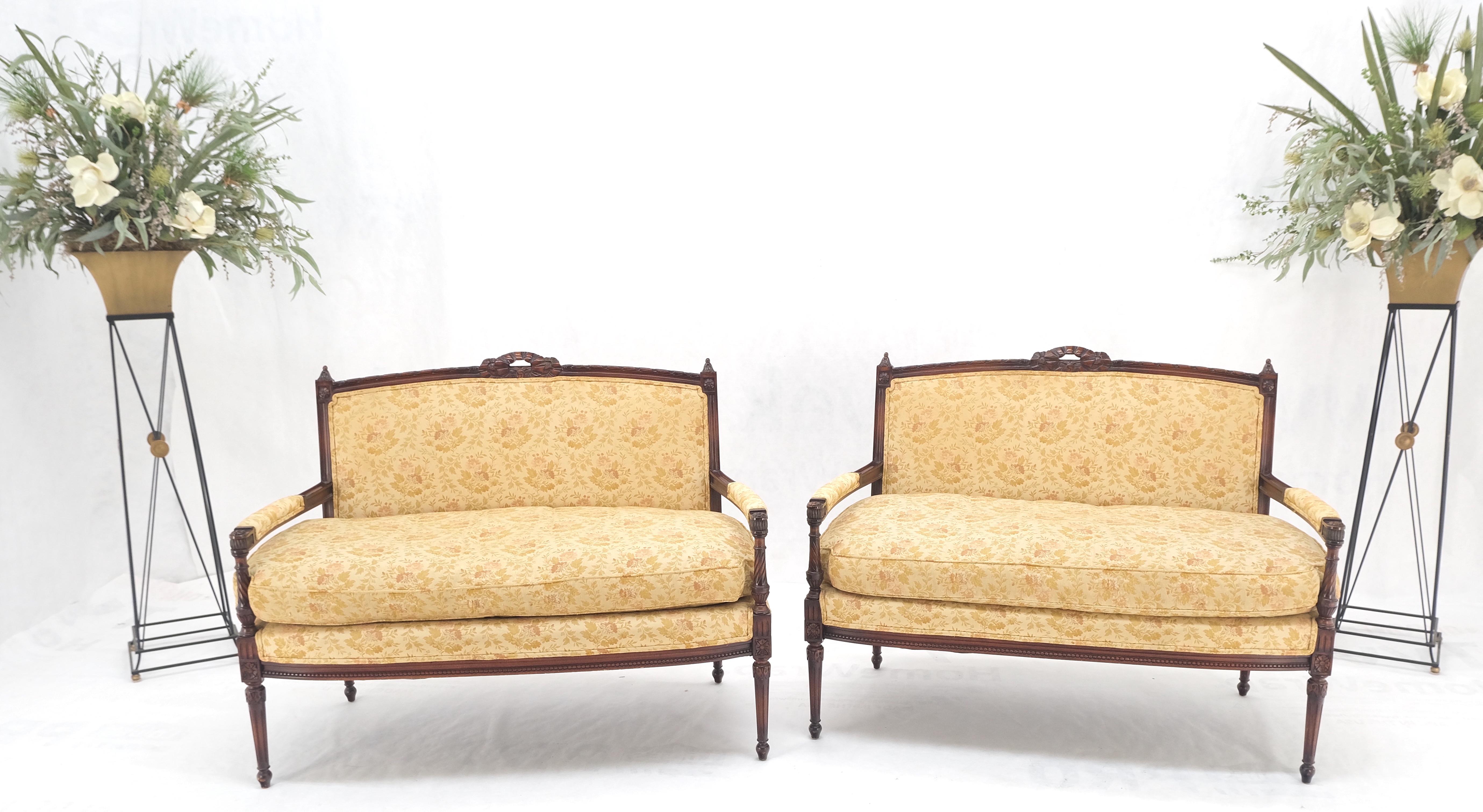 Baroque Revival Pair of Antique Quality Carved Walnut & Gold Upholstery Sofas Love Seats MINT! For Sale