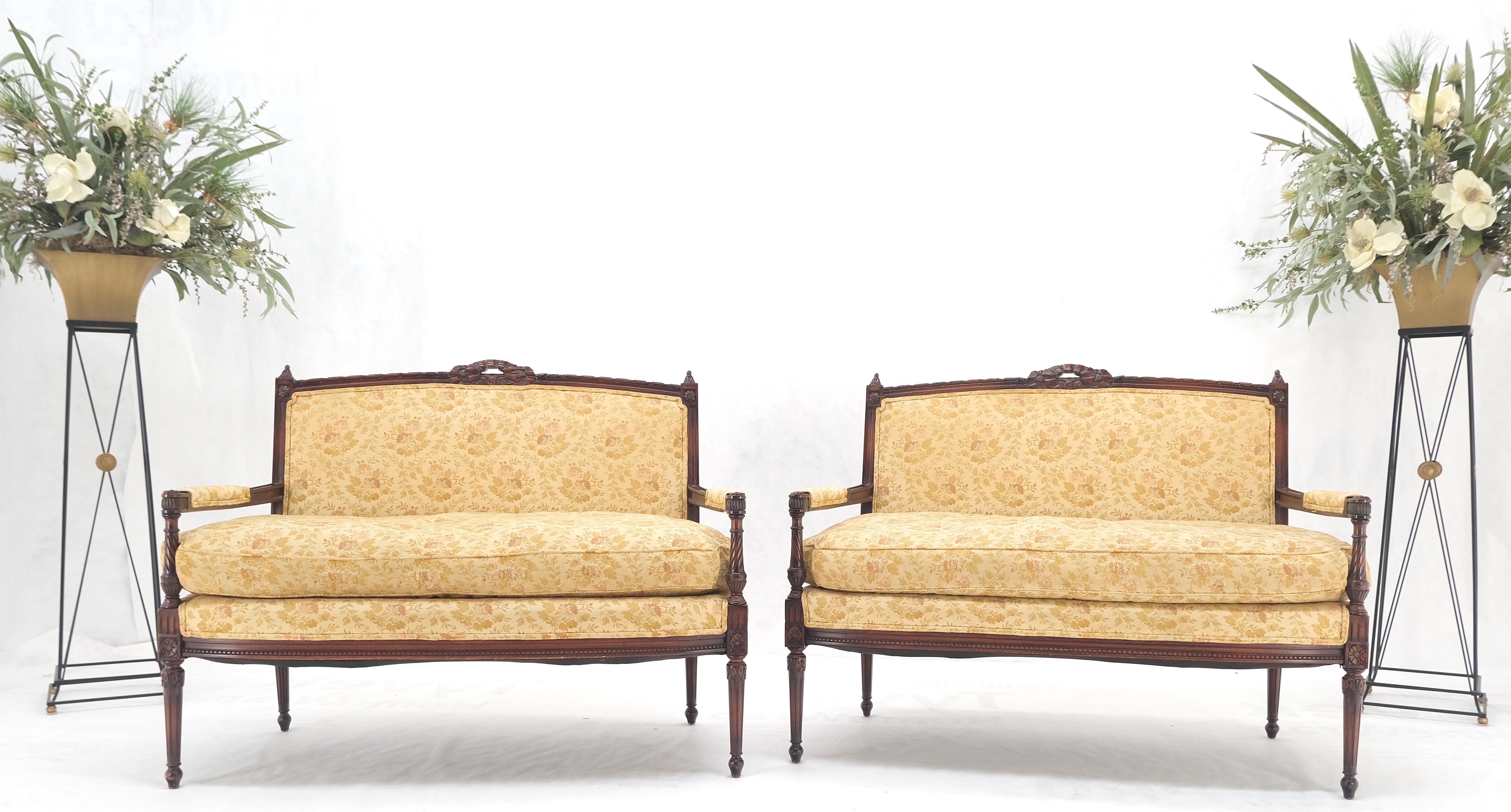 Pair of Antique Quality Carved Walnut & Gold Upholstery Sofas Love Seats MINT! In Good Condition For Sale In Rockaway, NJ