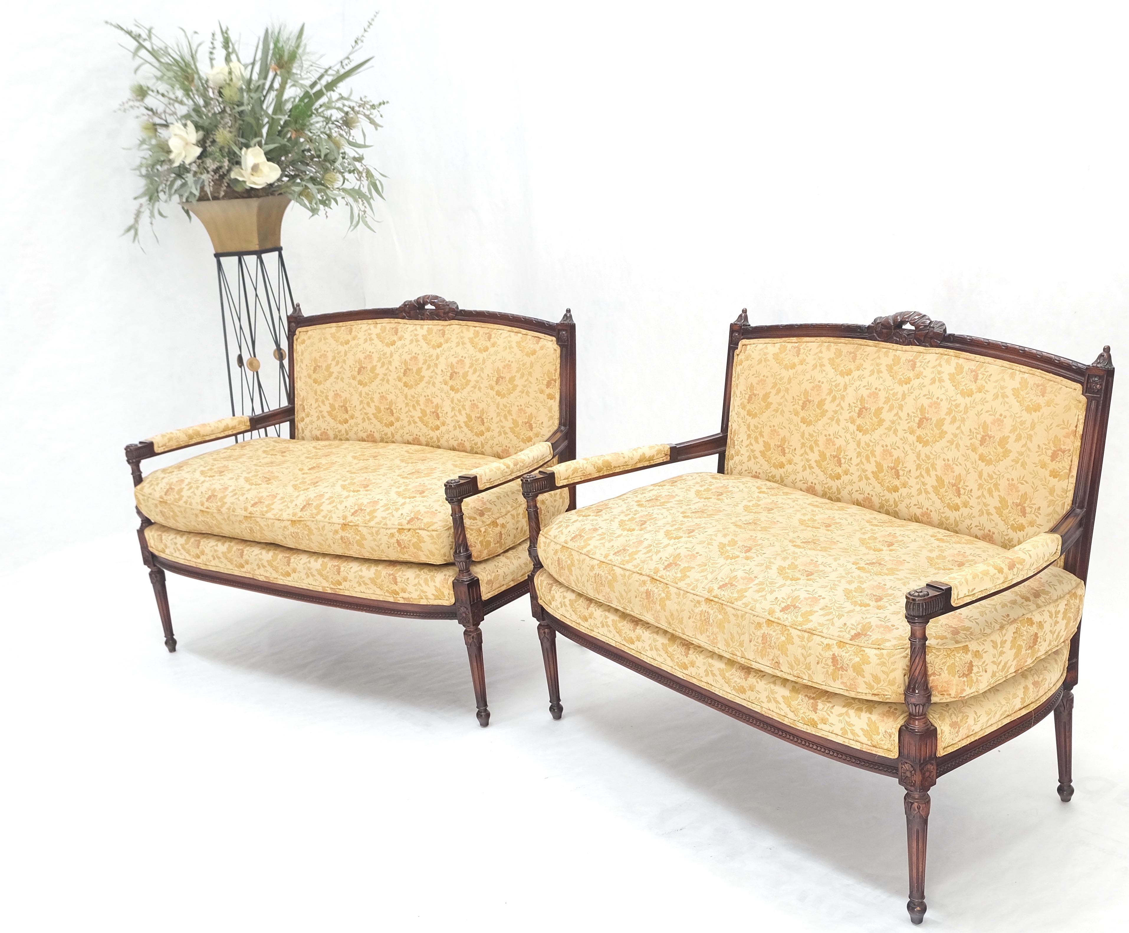 Pair of Antique Quality Carved Walnut & Gold Upholstery Sofas Love Seats MINT! For Sale 1