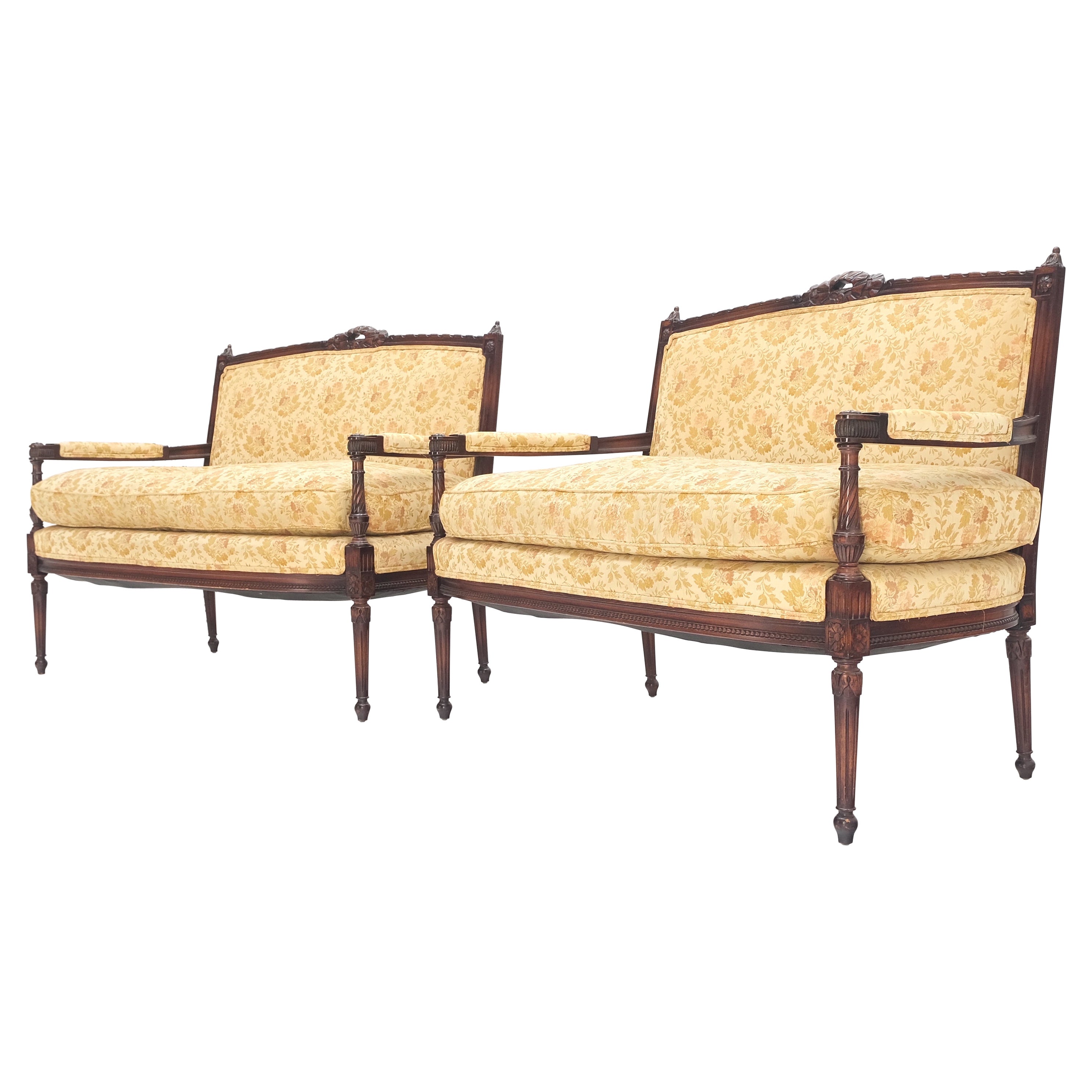 Pair of Antique Quality Carved Walnut 
Gold Upholstery Sofas Love Seats MINT!