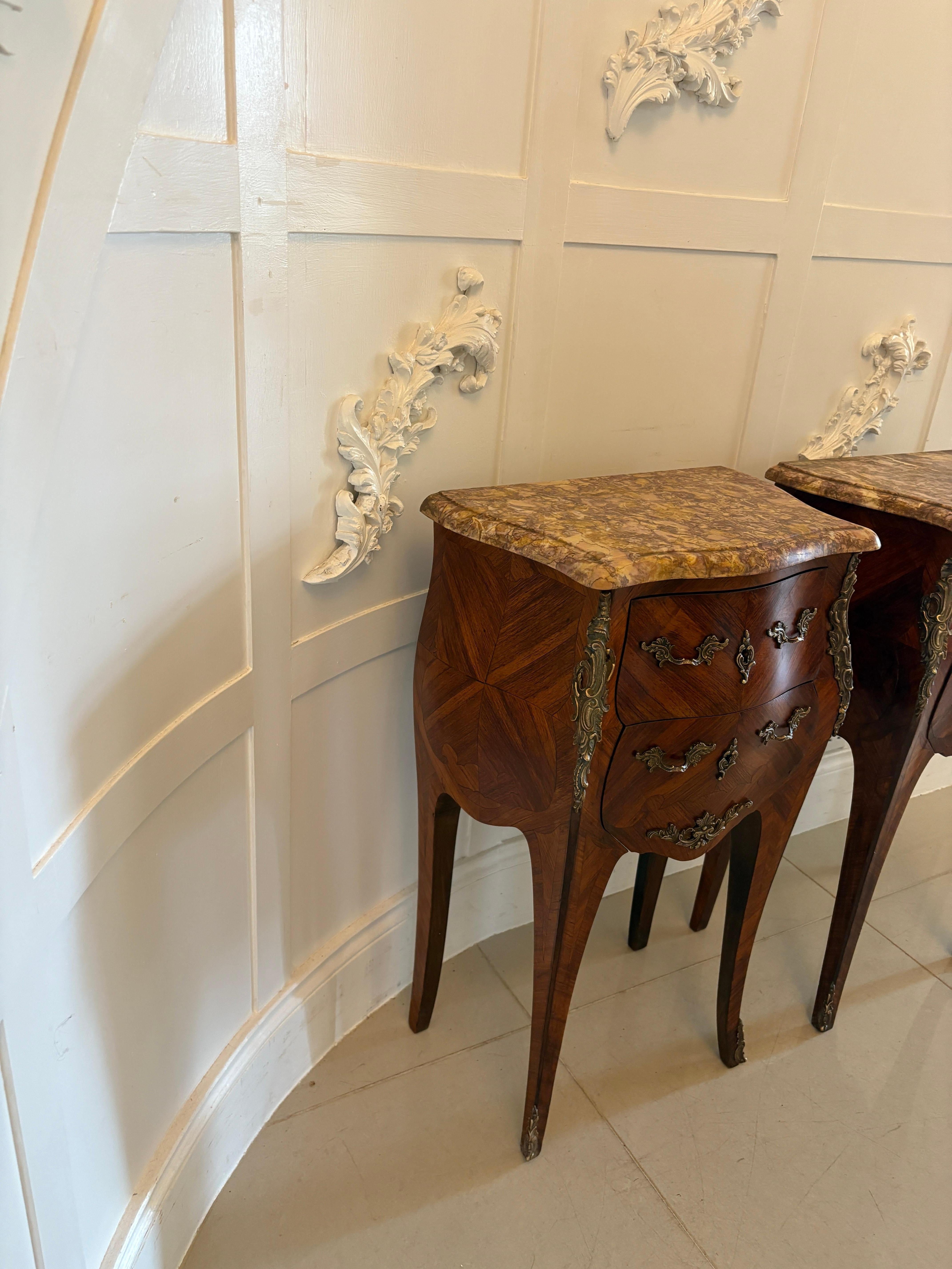 Pair of Antique Quality French Kingwood Marble Top Marquetry Bedside Cabinet For Sale 7