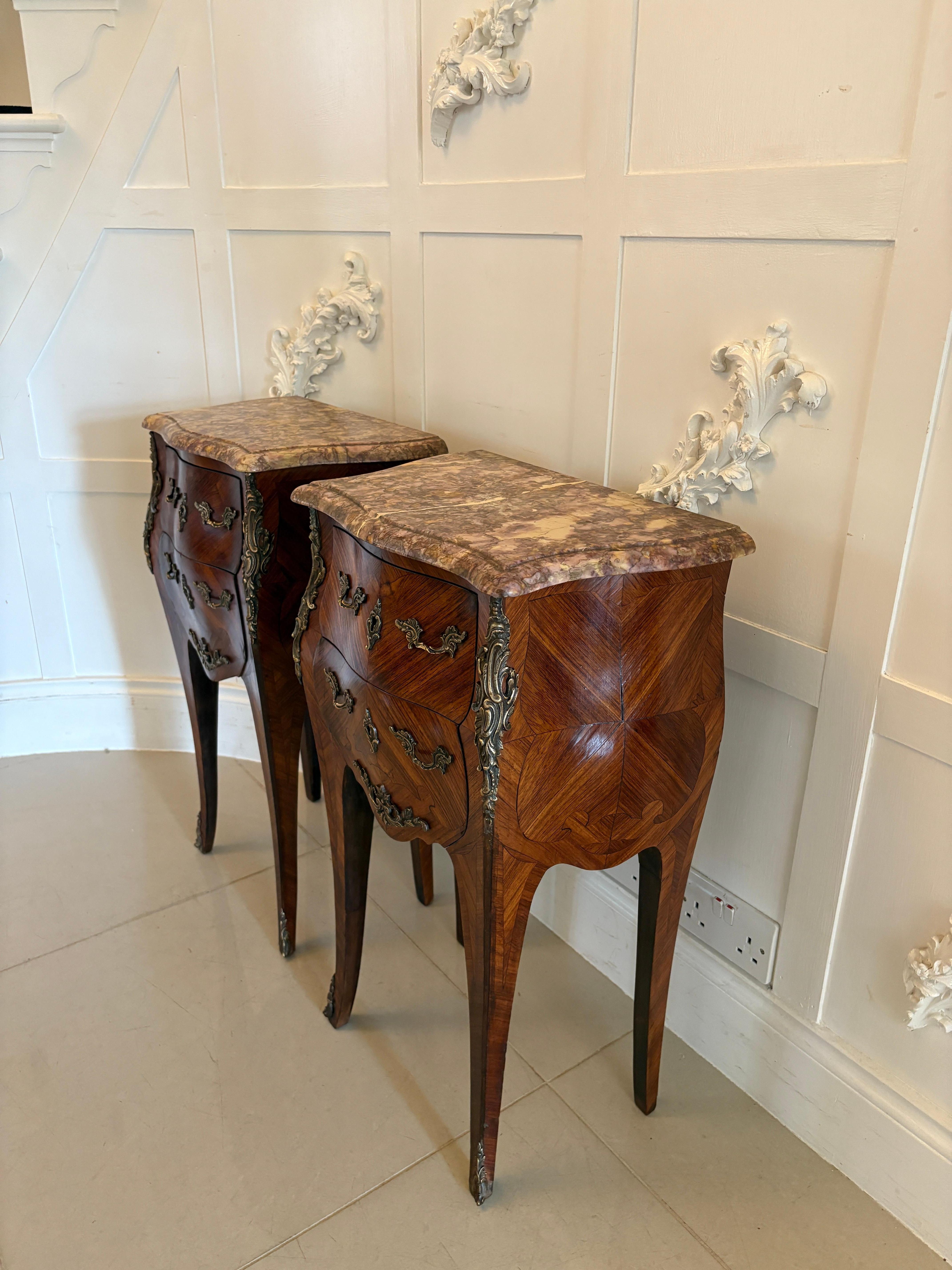 Pair of Antique Quality French Kingwood Marble Top Marquetry Bedside Cabinet For Sale 8