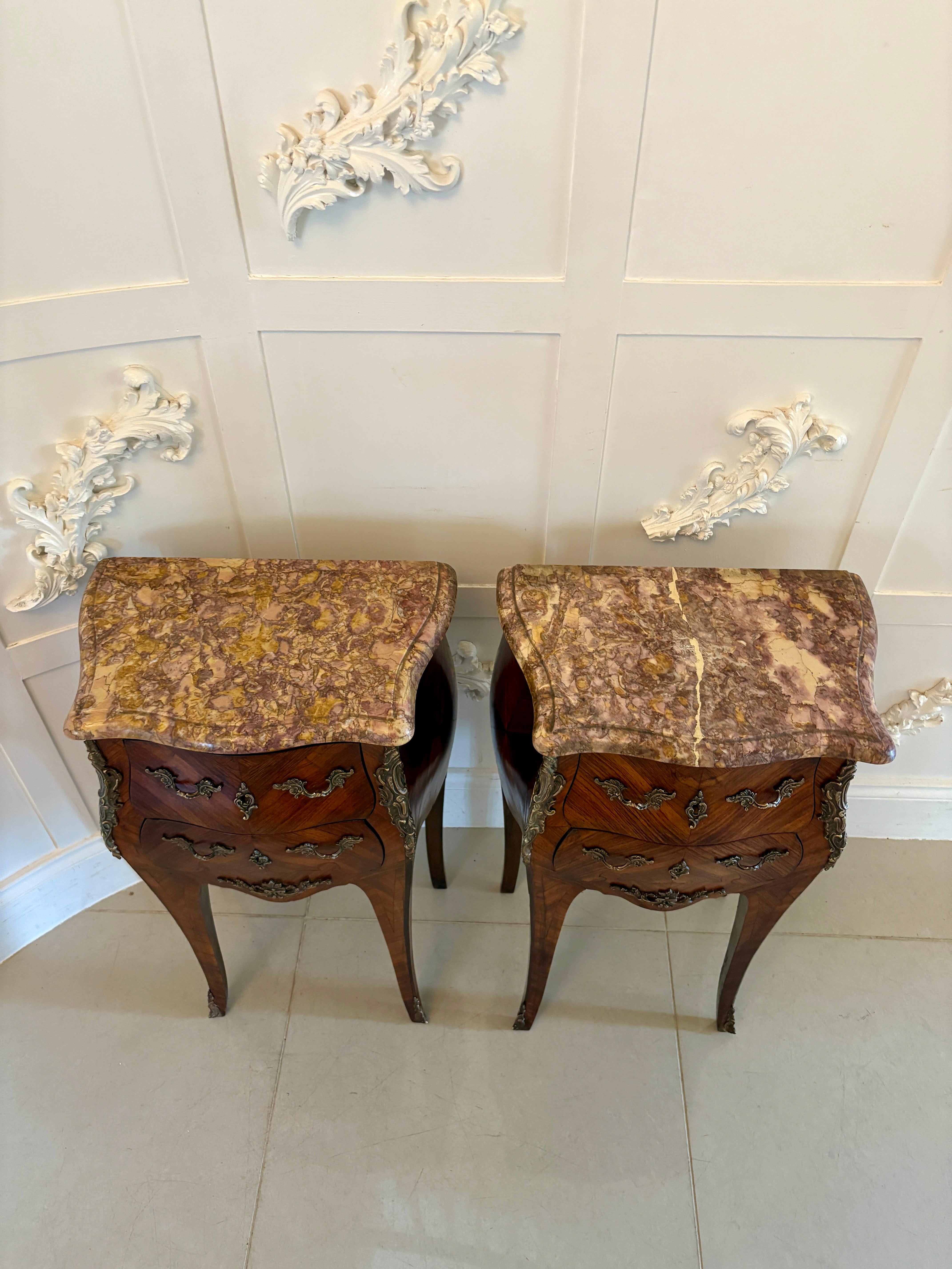 Pair of Antique Quality French Kingwood Marble Top Marquetry Bedside Cabinet For Sale 9
