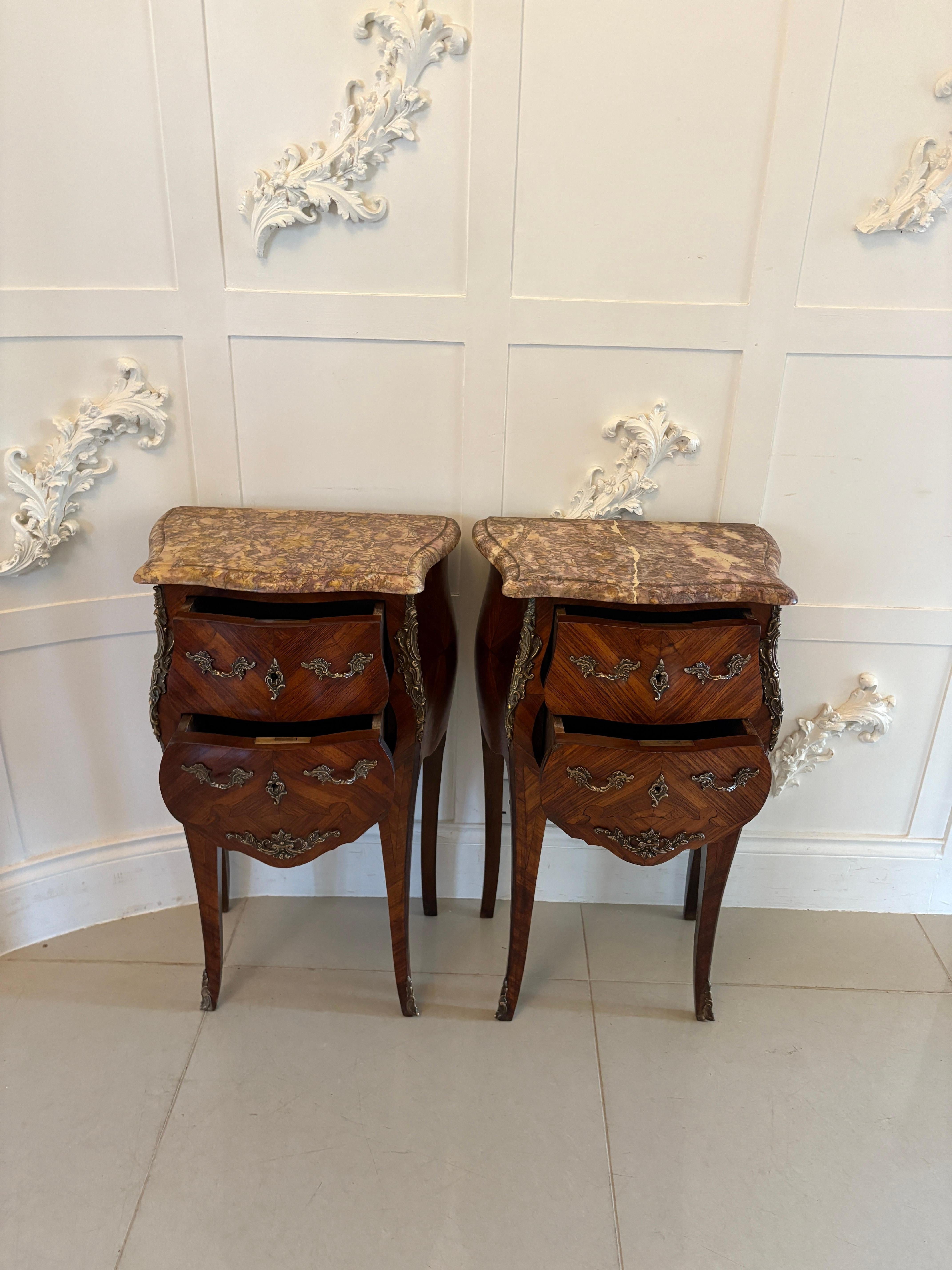 20th Century Pair of Antique Quality French Kingwood Marble Top Marquetry Bedside Cabinet For Sale