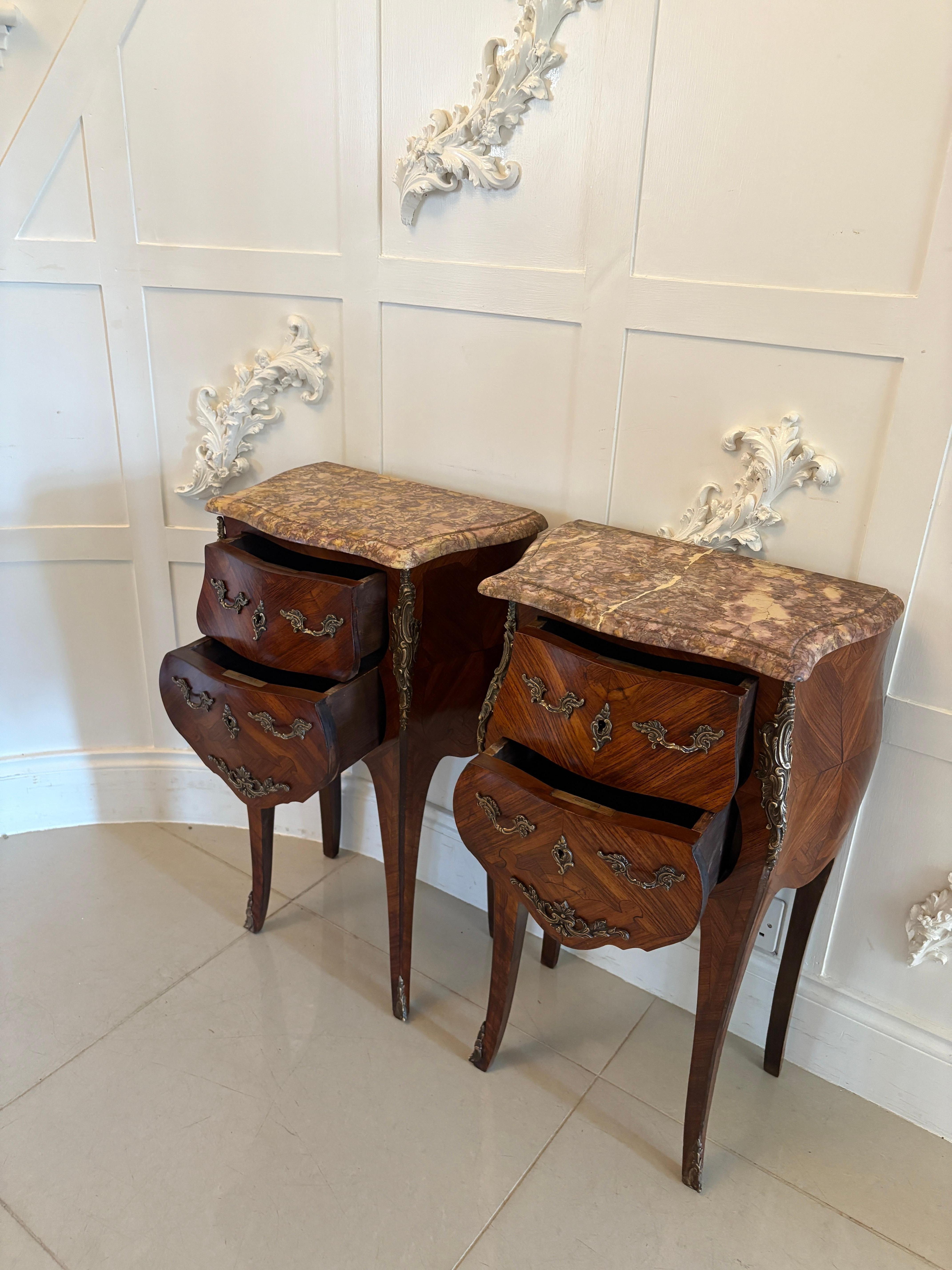 Other Pair of Antique Quality French Kingwood Marble Top Marquetry Bedside Cabinet For Sale