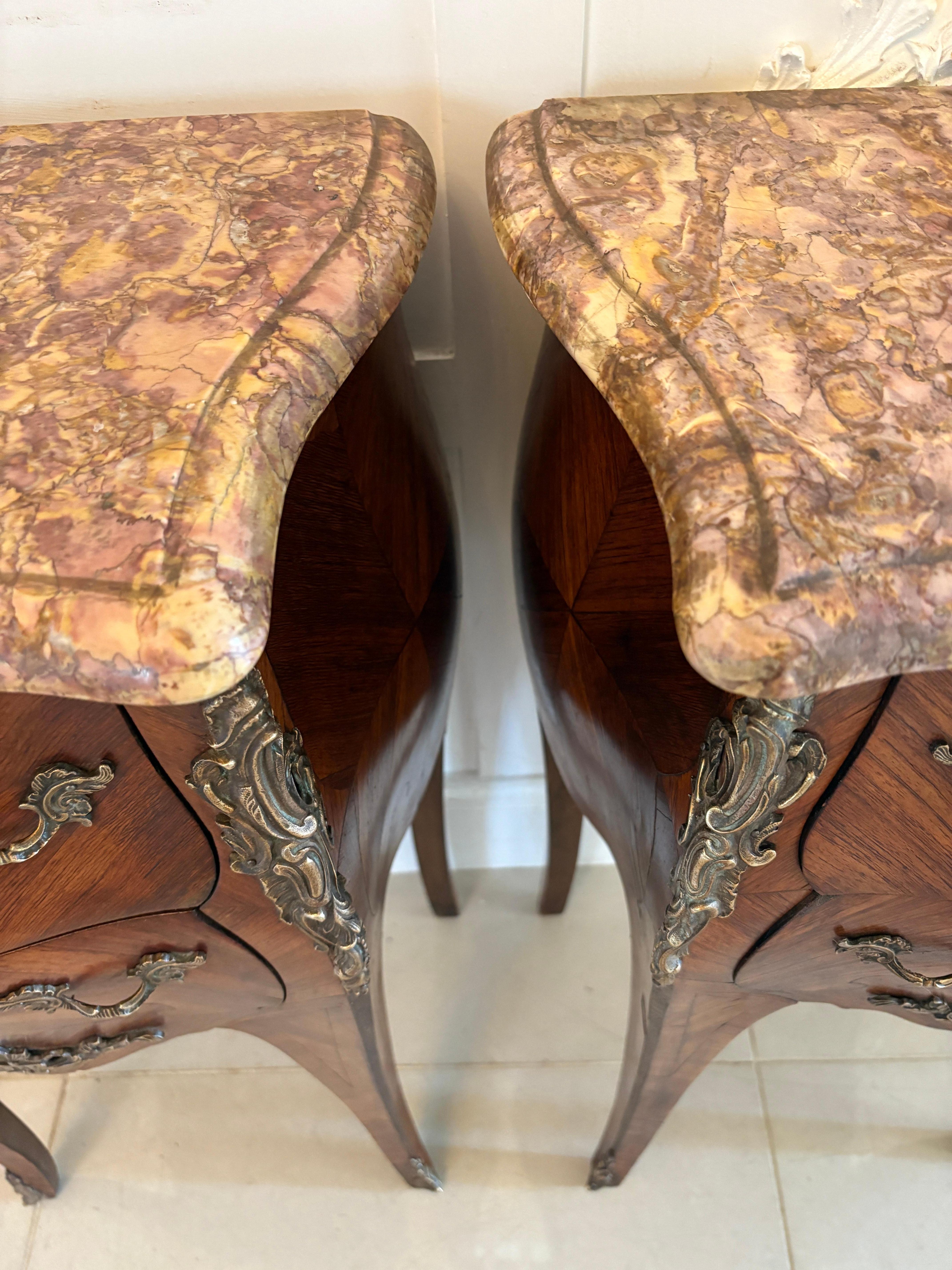 Pair of Antique Quality French Kingwood Marble Top Marquetry Bedside Cabinet For Sale 1