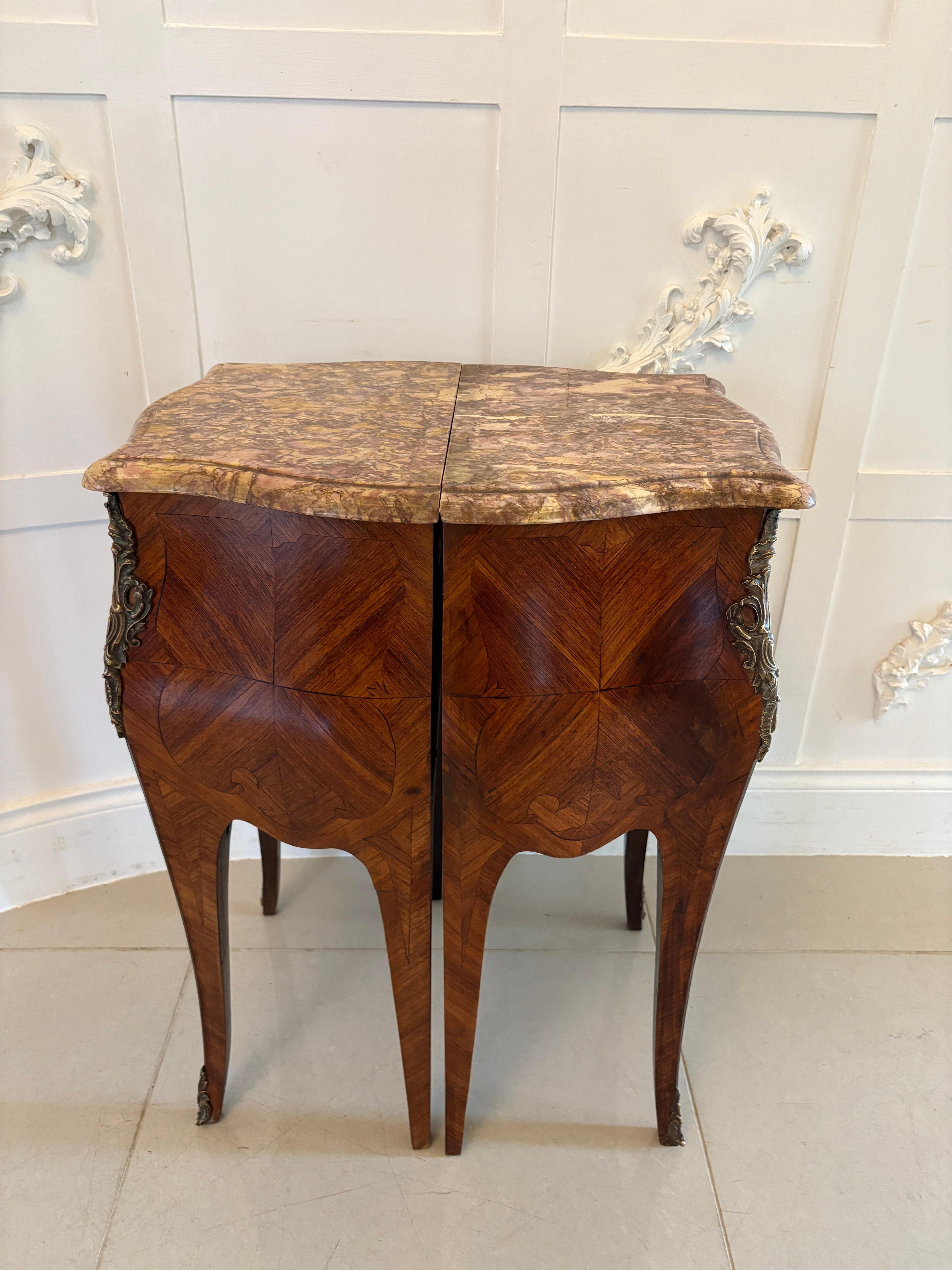 Pair of Antique Quality French Kingwood Marble Top Marquetry Bedside Cabinet For Sale 2
