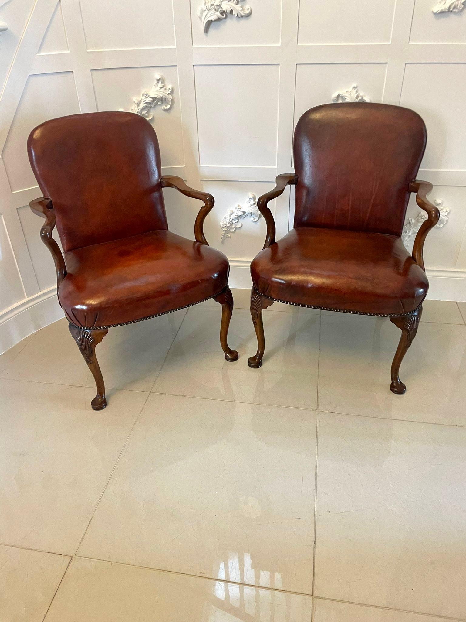 Pair of Antique Quality Leather and Carved Walnut Desk Chairs  5