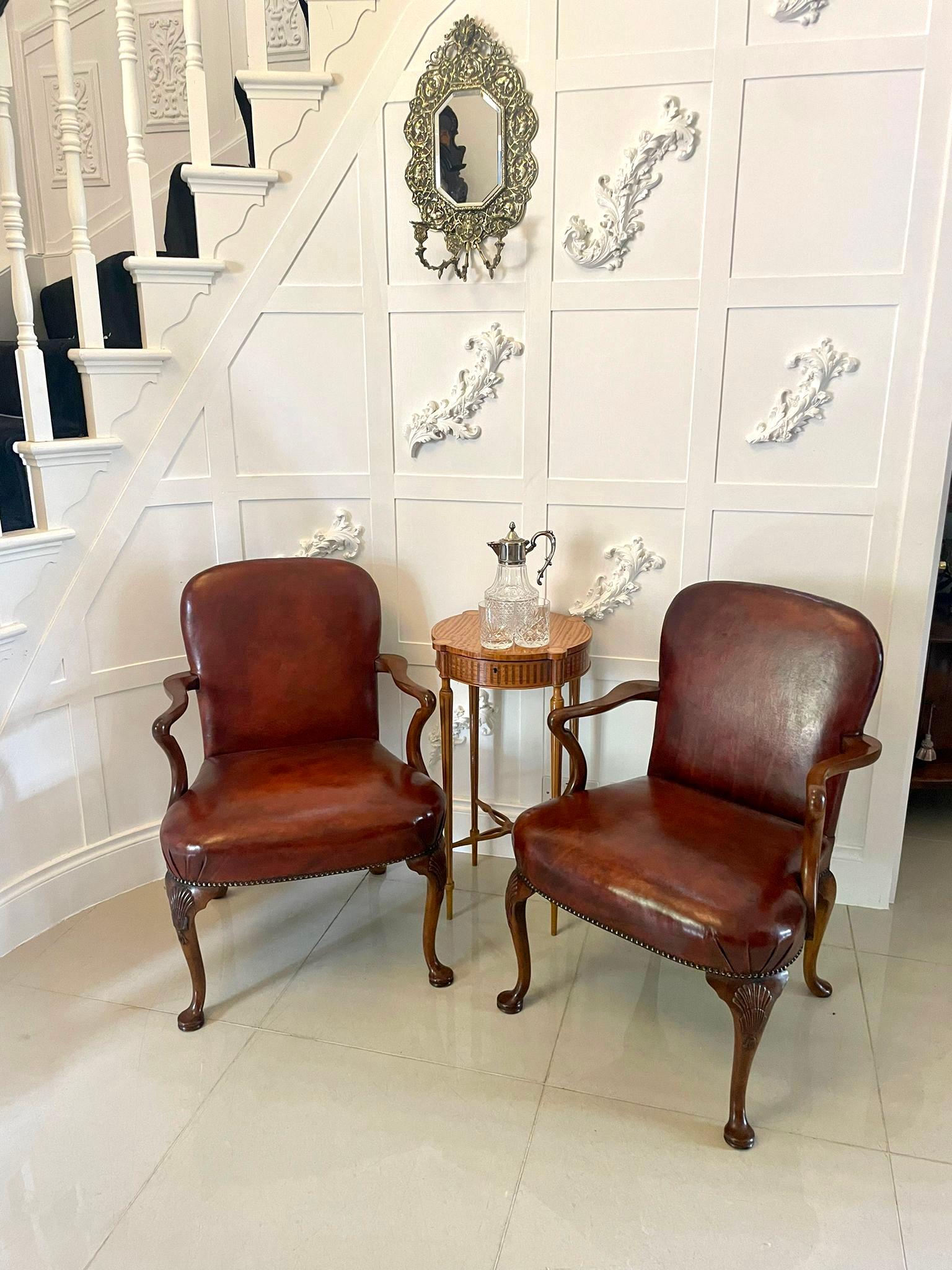 English Pair of Antique Quality Leather and Carved Walnut Desk Chairs 