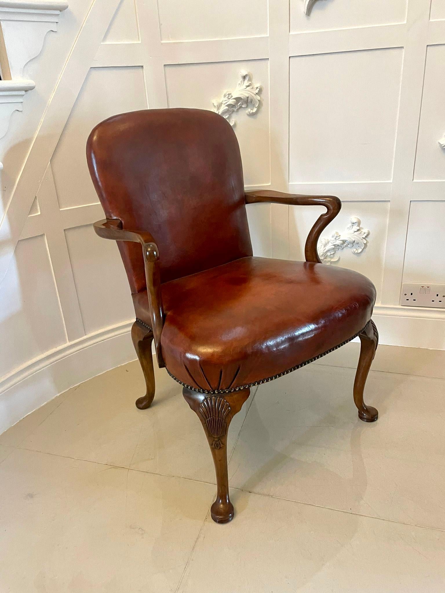 Pair of Antique Quality Leather and Carved Walnut Desk Chairs  In Good Condition In Suffolk, GB