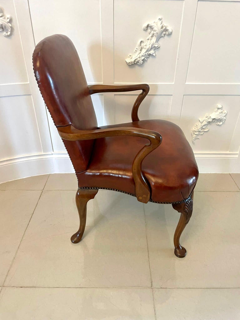Pair of Antique Quality Leather and Carved Walnut Desk Chairs For Sale